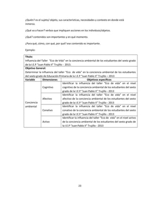 ¿Quién? es el sujeto/ objeto, sus características, necesidades y contexto en donde está
inmerso.
¿Qué va a hacer? verbos que impliquen acciones en los individuos/objetos.
¿Qué? contenidos son importantes y en qué momento.
¿Para qué, cómo, con qué, por qué? ese contenido es importante.
Ejemplo:
Título:
Influencia del Taller “Eco de Vida” en la conciencia ambiental de los estudiantes del sexto grado
de la I.E.P “Juan Pablo II” Trujillo - 2013.
Objetivo General:
Determinar la influencia del taller “Eco de vida” en la conciencia ambiental de los estudiantes
del sexto grado de Educación Primaria de la I.E.P “Juan Pablo II” Trujillo – 2013
Variable Dimensiones Objetivos específicos
Conciencia
ambiental
Cognitivo
Identificar la influencia del taller “Eco de vida” en el nivel
cognitivo de la conciencia ambiental de los estudiantes del sexto
grado de la I.E.P “Juan Pablo II” Trujillo - 2013
Afectivo
Identificar la influencia del taller “Eco de vida” en el nivel
afectivo de la conciencia ambiental de los estudiantes del sexto
grado de la I.E.P “Juan Pablo II” Trujillo - 2013
Conativo
Identificar la influencia del taller “Eco de vida” en el nivel
conativo de la conciencia ambiental de los estudiantes del sexto
grado de la I.E.P “Juan Pablo II” Trujillo - 2013
Activo
Identificar la influencia del taller “Eco de vida” en el nivel activo
de la conciencia ambiental de los estudiantes del sexto grado de
la I.E.P “Juan Pablo II” Trujillo - 2013
23
 