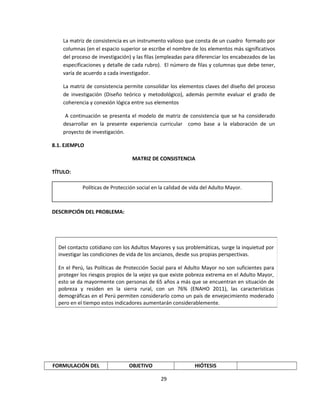 La matriz de consistencia es un instrumento valioso que consta de un cuadro formado por
columnas (en el espacio superior se escribe el nombre de los elementos más significativos
del proceso de investigación) y las filas (empleadas para diferenciar los encabezados de las
especificaciones y detalle de cada rubro). El número de filas y columnas que debe tener,
varía de acuerdo a cada investigador.
La matriz de consistencia permite consolidar los elementos claves del diseño del proceso
de investigación (Diseño teórico y metodológico), además permite evaluar el grado de
coherencia y conexión lógica entre sus elementos
A continuación se presenta el modelo de matriz de consistencia que se ha considerado
desarrollar en la presente experiencia curricular como base a la elaboración de un
proyecto de investigación.
8.1. EJEMPLO
MATRIZ DE CONSISTENCIA
TÍTULO:
DESCRIPCIÓN DEL PROBLEMA:
FORMULACIÓN DEL OBJETIVO HIÓTESIS
29
Del contacto cotidiano con los Adultos Mayores y sus problemáticas, surge la inquietud por
investigar las condiciones de vida de los ancianos, desde sus propias perspectivas.
En el Perú, las Políticas de Protección Social para el Adulto Mayor no son suficientes para
proteger los riesgos propios de la vejez ya que existe pobreza extrema en el Adulto Mayor,
esto se da mayormente con personas de 65 años a más que se encuentran en situación de
pobreza y residen en la sierra rural, con un 76% (ENAHO 2011), las características
demográficas en el Perú permiten considerarlo como un país de envejecimiento moderado
pero en el tiempo estos indicadores aumentarán considerablemente.
Políticas de Protección social en la calidad de vida del Adulto Mayor.
 