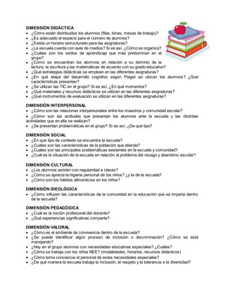 DIMENSIÓN DIDÁCTICA 
 ¿Cómo están distribuidos los alumnos (filas, binas, mesas de trabajo)? 
 ¿Es adecuado el espacio para el número de alumnos? 
 ¿Existe un horario estructurado para las asignaturas? 
 ¿La escuela cuenta con aula de medios? Si es así, ¿Cómo se organiza? 
 ¿Cuáles son los estilos de aprendizaje que más predominan en el 
grupo? 
 ¿Cómo se encuentran los alumnos en relación a su dominio de la 
lectura, la escritura y las matemáticas de acuerdo con su grado educativo? 
 ¿Qué estrategias didácticas se emplean en las diferentes asignaturas? 
 ¿En qué etapa del desarrollo cognitivo según Piaget se ubican los alumnos? ¿Qué 
características presentan? 
 ¿Se utilizan las TIC en el grupo? Si es así, ¿En qué momentos? 
 ¿Qué materiales y recursos didácticos se utilizan en las diferentes asignaturas? 
 ¿Qué instrumentos de evaluación se utilizan en las diferentes asignaturas? 
DIMENSIÓN INTERPERSONAL 
 ¿Cómo son las relaciones interpersonales entre los maestros y comunidad escolar? 
 ¿Cómo son las actitudes que presentan los alumnos ante la escuela y las distintas 
actividades que en ella se realizan? 
 ¿Se presentan problemáticas en el grupo? Si es así, ¿De qué tipo? 
DIMENSIÓN SOCIAL 
 ¿En qué tipo de contexto se encuentra la escuela? 
 ¿Cuáles son las características de la población que atiende? 
 ¿Cuáles son las principales problemáticas existentes en la escuela y comunidad? 
 ¿Cuál es la situación de la escuela en relación al problema del rezago y abandono escolar? 
DIMENSIÓN CULTURAL 
 ¿Los alumnos asisten con regularidad a clases? 
 ¿Cómo se aprecia la higiene personal de los niños? ¿y la de la escuela? 
 ¿Cómo son los hábitos alimenticios en los niños? 
DIMENSIÓN IDEOLÓGICA 
 ¿Cómo influyen las características de la comunidad en la educación que se imparte dentro 
de la escuela? 
DIMENSIÓN PEDAGÓGICA 
 ¿Cuál es la noción profesional del docente? 
 ¿Qué experiencias significativas comparte? 
DIMENSIÓN VALORAL 
 ¿Cómo es el ambiente de convivencia dentro de la escuela? 
 ¿Se puede identificar algún proceso de inclusión o discriminación? ¿Cómo se está 
manejando? 
 ¿Hay en el grupo alumnos con necesidades educativas especiales? ¿Cuáles? 
 ¿Cómo se trabaja con los niños NEE? (modalidades, horarios, recursos didácticos) 
 ¿Cómo toma conciencia el personal de estas necesidades especiales? 
 ¿De qué manera la escuela trabaja la inclusión, el respeto y la tolerancia a la diversidad? 
 