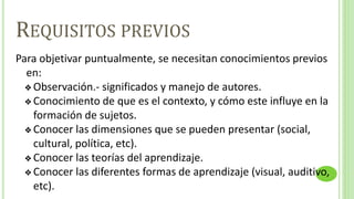 REQUISITOS PREVIOS
Para objetivar puntualmente, se necesitan conocimientos previos
en:
❖ Observación.- significados y manejo de autores.
❖ Conocimiento de que es el contexto, y cómo este influye en la
formación de sujetos.
❖ Conocer las dimensiones que se pueden presentar (social,
cultural, política, etc).
❖ Conocer las teorías del aprendizaje.
❖ Conocer las diferentes formas de aprendizaje (visual, auditivo,
etc).
 