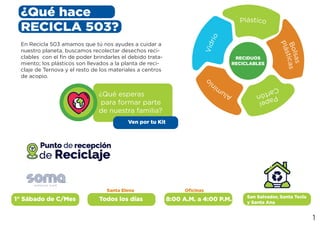 En Recicla 503 amamos que tú nos ayudes a cuidar a
nuestro planeta, buscamos recolectar desechos reci-
clables con el fin de poder brindarles el debido trata-
miento; los plásticos son llevados a la planta de reci-
claje de Ternova y el resto de los materiales a centros
de acopio.
¿Qué esperas
para formar parte
de nuestra familia?
¿Qué hace
RECICLA 503?
Todos los días 8:00 A.M. a 4:00 P.M. San Salvador, Santa Tecla
y Santa Ana
1° Sábado de C/Mes
1
Santa Elena Oficinas
Ven por tu Kit
A
l
u
m
i
n
i
o
P
a
p
e
l
C
a
r
t
ó
n
B
o
l
s
a
s
P
l
á
s
t
i
c
a
s
Plástico
V
i
d
r
i
o
RECIDUOS
RECICLABLES
 