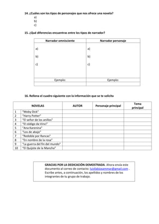 14. ¿Cuáles son los tipos de personajes que nos ofrece una novela?
             a)
             b)
             c)

      15. ¿Qué diferencias encuentras entre los tipos de narrador?

                      Narrador omnisciente                      Narrador personaje

              a)                                      a)

              b)                                      b)

              c)                                      c)



                             Ejemplo:                                 Ejemplo:



      16. Rellena el cuadro siguiente con la información que se te solicita

                                                                                       Tema
            NOVELAS                        AUTOR            Personaje principal
                                                                                      principal
1    “Moby Dick”
2    “Harry Potter”
3    “El señor de los anillos”
4    “El código da Vinci”
5    “Ana Karenina”
6    “Los de abajo”
7    “Redoble por Rancas”
8    “En nombre de la rosa”
9    “La guerra del fin del mundo”
10   “El Quijote de la Mancha”




                      GRACIAS POR LA DEDICACIÓN DEMOSTRADA. Ahora envía este
                      documento al correo de contacto: luisfabioxammar@gmail.com .
                      Escribe antes, a continuación, los apellidos y nombres de los
                      integrantes de tu grupo de trabajo.
 