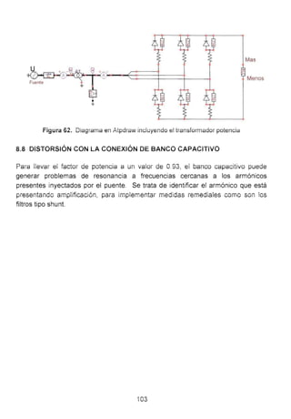 Mas
u +
,¡~
Fuente
Menos
Figura 62. Diagrama en Atpdraw incluyendo ei transformador potencia
8.8 DiSTORSIÓN CON LA CONEXIÓN DE BANCO CAPACITiVO
Para llevar el factor de potencia a un valOí de 0.93, ei banco capacitivo puede
generar problemas de resonancia a frecuencias cercanas a los armónicos
presentes inyectados por el puente. Se trata de identificar el armónico que está
presentando amp!ificación, para implementa¡ medidas íemediales como son !os
filtros tipo shunt.
103
 