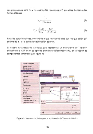 Las expresiones para X, y Xo, cuando las relaciones XJF~ son aitas, tienden a ias
formas clásicas:
T.'
X - - r l .
¡ -
3 x !ccJtjJ
(5)
2 x V~
3 X fcG.1r/J
(6)
Para las aproximaciones, se considera que reiaciones aitas son ias que están por
encima de 3.16, lo que da una precisión del 95%.
::::::! modelo más adecuado y práctico para representar un equivalente de Thevenin
trifásico en el ATP es el de tipo de elementos concentrados RL, en la opción de
componentes simétricas (Ver figura 1)
.Erobes & 3-phase
f!ranch Unear ~
B~nch t:jonlinee.r
Une Qistributed
S;n:itches
Sources
M~chines
t .ouupt>lu •ul l it<!' ' , •· : I:J•
Transformers
MODELS
Type~4
IACS L•
.U.ser Specified
Une/.Qable •
Qverheo.d Une (PCH) ¡¡roup No ¡o
Erequency comp. Comment
li D
NODE 1PHASE NoWE
J.
X =· J x l~ - - 2 xVL
0
Iccuj; ·. 3 x lccJ~
VL__
v3 x /~'1'-'·c....·J"''tP-- -
LBilol: 1
r Higo
r
t:Jolp
Figu;a í. Ventana de datos para ei equivalente de Thevenin trifásico
109
 