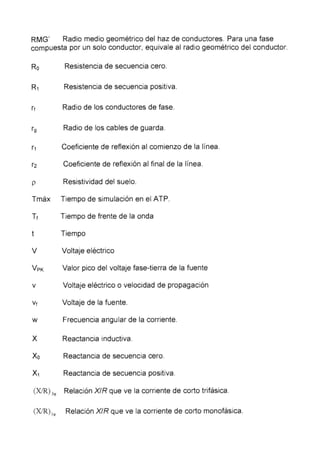 RMG' Radio medio geométrico del haz de conductores. Para una fase
compuesta por un solo conductor, equivale al radio geométrico del conductor.
Ro Resistencia de secuencia cero.
R1 Resistencia de secuencia positiva.
rt Radio de los conductores de fase.
r9
Radio de los cables de guarda.
r1 Coeficiente de reflexión al comienzo de la línea.
r2 Coeficiente de reflexión al final de la línea.
p Resistividad del suelo.
Tmáx Tiempo de simulación en el ATP.
Tt Tiempo de frente de la onda
t Tiempo
V Voltaje eléctrico
VPK Valor pico del voltaje fase-tierra de la fuente
v Voltaje eléctrico o velocidad de propagación
Vt Voltaje de la fuente.
w Frecuencia angular de la corriente.
X Reactancia inductiva.
Xo Reactancia de secuencia cero.
X1 Reactancia de secuencia positiva.
(XIR) 3"' Relación XIR que ve la corriente de corto trifásica.
(XIR) '"' Relación XIR que ve la corriente de corto monofásica.
 