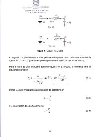 U : 'rR<illlAtJ N ,..ctoNAL DE CoLOMBIA
DEPTO. DE BIBLIOTECAS
Bl BLIOTECA ML AS
FTE ~> ve
~~vc(t)
FTE
Cto #1 =
i(t)
--> ve
•J~
T vc(t)
Cto #2 =
Figura 4. Circuito RLC serie
El segundo circuito no tiene suiche, pero se consigue el mismo efecto al activarse la
fuente en un tiempo igual al tiempo en que se cerró el suiche del primer circuito.
Para el caso de una respuesta subamortiguada en el circuito, la corriente tiene la
siguiente expresión:
i(t) = V . !!... t
¡-- xe 2L. X
1
Zc- 1- 4A2
1
1- -
 4A2
sen ! _ t
, LC
donde Zces la impedancia característica de sobretensión
y A. es el factor de amortiguamiento,
30
(3.1)
(3.2)
(3.3)
 