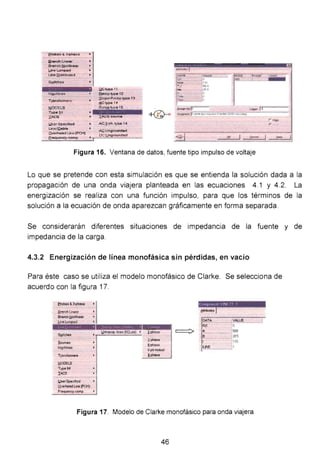 2rob&t: 31;Jte.oo
a,.,d! Uncoer
Bren~ t:tonlineii!N'
Un• Lumped
U naQstrlb..,..d
S~c:he~
MOOELS
Type ll4
IACS
l.!s•or Spacihed
L'"e/t:ebl•
Q.temaad Une (PCH)
Erequoncy comp. • 1
QCII'pa ll
Bernp !)!Pe 1z
liilop ..-R.!omp 1)/Pe 1J
e.c'YP" 14
Sut~ elS
IAC:S s ourc•
ACJ-p~ . 1!14
As;; Ungroundad
DC!.,Lngrounded
·1~
Figura 16. Ventana de datos, fuente tipo impulso de voltaje
r
r
Lo que se pretende con esta simulación es que se entienda la solución dada a la
propagación de una onda viajera planteada en las ecuaciones 4.1 y 4.2. La
energización se realiza con una función impulso, para que los términos de la
solución a la ecuación de onda aparezcan gráficamente en forma separada.
Se considerarán diferentes situaciones de impedancia de la fuente y de
impedancia de la carga.
4.3.2 Energización de línea monofásica sin pérdidas, en vacío
Para éste caso se utiliza el modelo monofásico de Clarke. Se selecciona de
acuerdo con la figura 17.
Erabas &:liJhoso
¡¡, chllneor
BratlchtfonJlnaat
.Lino Lumped
t 11r.-; nr•• :.1 1~ ~J! ' l :
e,ttribute• l
liii"IIIIIII~Q~~~.~pr.~~~.~~~~'}~.l~z~p~~~~ ~ ~
S)rit:heo B,_
S,ources
Mplnes
ltQOELS
TyPa94
1iCS
!J.oor Specñad
Qllemaod una (PCH)
Frequency comp.
J.phose
phesa
6 ph """""'
iphsse
H.JNE
o
500
3ES
10
Figura 17. Modelo de Clarke monofásico para onda viajera
46
 