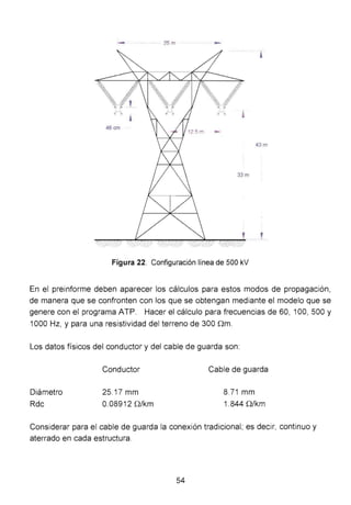 - · 25m
-
43m
'Figura 22. Configuración línea de 500 kV
En el preinforme deben aparecer los cálculos para estos modos de propagación,
de manera que se confronten con los que se obtengan mediante el modelo que se
genere con el programa ATP. Hacer el cálculo para frecuencias de 60, 100, 500 y
1000 Hz, y para una resistividad del terreno de 300 nm.
Los datos físicos del conductor y del cable de guarda son:
Diámetro
Rdc
Conductor
25.17 mm
0.08912 Q/km
Cable de guarda
8.71 mm
1.844 Q/km
Considerar para el cable de guarda la conexión tradicional; es decir, continuo y
aterrado en cada estructura.
54
 