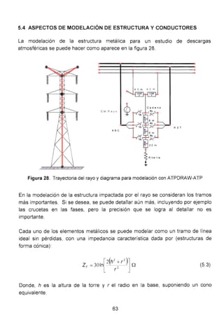5.4 ASPECTOS DE MODELACIÓN DE ESTRUCTURA Y CONDUCTORES
La modelación de la estructura metálica para un estudio de descargas
atmosféricas se puede hacer como aparece en la figura 28.
4 5 m 4 ~m
e te R • ~-o
R S T
A BC
Figura 28. Trayectoria del rayo y diagrama para modelación con ATPDRAW-ATP
En la modelación de la estructura impactada por el rayo se consideran los tramos
más importantes. Si se desea, se puede detallar aún más, incluyendo por ejemplo
las crucetas en las fases, pero la precisión que se logra al detallar no es
importante.
Cada uno de los elementos metálicos se puede modelar como un tramo de línea
ideal sin pérdidas, con una impedancia característica dada por (estructuras de
forma cónica):
(5.3)
Donde, h es la altura de la torre y r el radio en la base, suponiendo un cono
equivalente.
63
 
