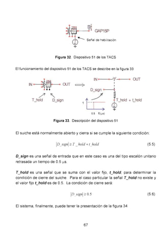 C?AP15P
Señal de habilitación
Figura 32. Dispositivo 51 de los TACS
El funcionamiento del dispositivo 51 de los TACS se describe en la figura 33
fN ~o
• ;:;s;¡
1 OUT
OUT ~
D_sign _ _ _.
/
T_mld
~
D_sign
_/
1tt: T_mld + t_tnld
0.5 t (¡.LS)
Figura 33. Descripción del dispositivo 51
El suiche está normalmente abierto y cierra si se cumple la siguiente condición:
D_sign2 T _hold +t_hold (5.5)
D_sign es una señal de entrada que en este caso es una del tipo escalón unitario
retrasada un tiempo de O.5 ¡1.S.
T_hold es una señal que se suma con el valor fijo, t_hold, para determinar la
condición de cierre del suiche. Para el caso particular la señal T_hold no existe y
el valor fijo t_hold es de 0.5. La condición de cierre será:
D sign 2 0.5 (5.6)
El sistema, finalmente, puede tener la presentación de la figura 34
67
 