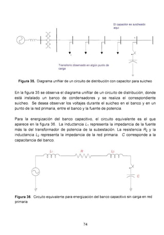 Transrtono observado en algún punto de
carga
Elcapacnoressu~heado
aqUI
TFigura 35. Diagrama unifilar de un circuito de distribución con capacitar para suicheo
En la figura 35 se observa el diagrama unifilar de un circuito de distribución, donde
está instalado un banco de condensadores y se realiza el correspondiente
suicheo. Se desea observar los voltajes durante el suicheo en el banco y en un
punto de la red primaria, entre el banco y la fuente de potencia.
Para la energización del banco capacitivo, el circuito equivalente es el que
aparece en la figura 36. La inductancia L1 representa la impedancia de la fuente
más la del transformador de potencia de la subestación. La resistencia R? y la
inductancia L2 representa la impedancia de la red primaria. C corresponde a la
capacitancia del banco.
L R L
~ e
Figura 36. Circuito equivalente para energización del banco capacitivo sin carga en red
primaria
74
 