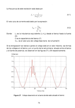 La frecuencia de esta oscilación está dada por:
1
fs = -r====
2n:~L, x e
El valor pico de corriente está dado por la expresión:
I - V PK
PK - ~
1} _,e
(6.1)
(6.2)
Donde: Ls es la inductancia equivalente (L1+L2) desde el banco hasta la fuente
(H)
Ces la capacitancia del banco (F)
V PK es el valor pico del voltaje fase-tierra de la fuente(V)
Si la energización se realiza cuando el voltaje está en el valor máximo, las formas
de los voltajes en el banco y en un punto de la red primaria, situado entre el banco
y la fuente de potencia, se observan en las figuras 37 y 38 respectivamente.
Voltaje [pu]
2 . 0--,----.,..-----:----:----:-----:----:----,------,---~---.
1.5 ... ·······!···
1.0
0.5
0.0 ....
-0.5
-1.0-+---r---='--T----T----,,-----'-+''------.---ir----,-....-:..--.-----i
o 10 20 30 40 50
Tiempo (ms]
Figura 37. Voltaje observado en la barra donde está ubicado el banco
75
 