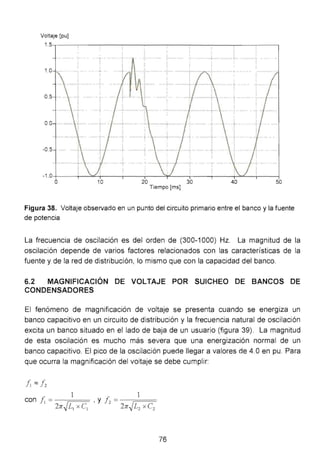 Voltaje [pu]
1.5,--------,----,-----o----,----:------,-------,----,------,
1.0
0.5
00
-0.5
-1 . 0-t----;-~-;---;----.----='l"'----,----;----;---~-;-----i
o 10 20 30 40 50
Tiempo [ms]
Figura 38. Voltaje observado en un punto del circuito primario entre el banco y la fuente
de potencia
La frecuencia de oscilación es del orden de (300-1 000) Hz. La magnitud de la
oscilación depende de varios factores relacionados con las características de la
fuente y de la red de distribución, lo mismo que con la capacidad del banco.
6.2 MAGNIFICACIÓN DE VOLTAJE POR SUICHEO DE BANCOS DE
CONDENSADORES
El fenómeno de magnificación de voltaje se presenta cuando se energiza un
banco capacitivo en un circuito de distribución y la frecuencia natural de oscilación
excita un banco situado en el lado de baja de un usuario (figura 39). La magnitud
de esta oscilación es mucho más severa que una energización normal de un
banco capacitivo. El pico de la oscilación puede llegar a valores de 4.0 en pu. Para
que ocurra la magnificación del voltaje se debe cumplir:
76
 