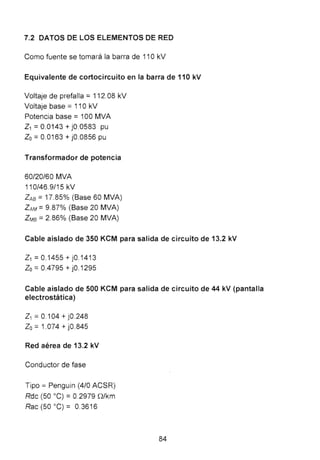 7.2 DATOS DE LOS ELEMENTOS DE RED
Como fuente se tomará la barra de 11 OkV
Equivalente de cortocircuito en la barra de 110 kV
Voltaje de prefalla =112.08 kV
Voltaje base =11 O kV
Potencia base = 100 MVA
Z1 = 0.0143 + j0.0583 pu
Zo = 0.0163 + j0.0856 pu
Transformador de potencia
60/20/60 MVA
110/46.9/15 kV
ZAa =17.85% (Base 60 MVA)
ZAM =9.87% (Base 20 MVA)
ZMa = 2.86% (Base 20 MVA)
Cable aislado de 350 KCM para salida de circuito de 13.2 kV
z1= o.1455 + j0.1413
Z0 =0.4795 + j0.1295
Cable aislado de 500 KCM para salida de circuito de 44 kV (pantalla
electrostática)
z1=0.104 + j0.248
Zo = 1.074 + j0.845
Red aérea de 13.2 kV
Conductor de fase
Tipo = Penguin (4/0 ACSR)
Rdc (50 oC) =0.2979 Q/km
Rae (50 oC)= 0.3616
84
 