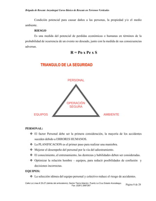 Brigada de Rescate Anzoátegui Curso Básico de Rescate en Terrenos Verticales


         Condición potencial para causar daños a las personas, la propiedad y/o el medio
ambiente.
         RIESGO
         Es una medida del potencial de perdidas económicas o humanas en términos de la
probabilidad de ocurrencia de un evento no deseado, junto con la medida de sus consecuencias
adversas.

                                                R = Po x Pe x S


                TRIANGULO DE LA SEGURIDAD


                                             PERSONAL




                                            OPERACIÓN
                                             SEGURA

         EQUIPOS                                                                    AMBIENTE



PERSONAL:
         El factor Personal debe ser la primera consideración, la mayoría de los accidentes
         suceden debido a ERRORES HUMANOS.
         La PLANIFICACION es el primer paso para realizar una maniobra.
         Mejorar el desempeño del personal por la vía del adiestramiento.
         El conocimiento, el entrenamiento, las destrezas y habilidades deben ser consideradas.
         Optimizar la relación hombre – equipos, para reducir posibilidades de confusión y
         decisiones incorrectas.
EQUIPOS:
         La selección idónea del equipo personal y colectivo reduce el riesgo de accidentes.

Calle La Línea # 25-27 (detrás del ambulatorio), Sector Tierra Adentro Puerto La Cruz Estado Anzoátegui.
                                                   Fax: (0281) 2687267                                     Página 8 de 28
 
