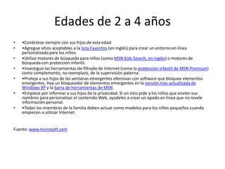 Edades de 2 a 4 años
•   •Conéctese siempre con sus hijos de esta edad.
•   •Agregue sitios aceptables a la lista Favoritos (en inglés) para crear un entorno en línea
    personalizado para los niños.
•   •Utilice motores de búsqueda para niños (como MSN Kids Search, en inglés) o motores de
    búsqueda con protección infantil.
•   •Investigue las herramientas de filtrado de Internet (como la protección infantil de MSN Premium)
    como complemento, no reemplazo, de la supervisión paterna.
•   •Proteja a sus hijos de las ventanas emergentes ofensivas con software que bloquee elementos
    emergentes. Hay un bloqueador de elementos emergentes en la versión más actualizada de
    Windows XP y la barra de herramientas de MSN.
•   •Empiece por informar a sus hijos de la privacidad. Si un sitio pide a los niños que envíen sus
    nombres para personalizar el contenido Web, ayúdeles a crear un apodo en línea que no revele
    información personal.
•   •Todos los miembros de la familia deben actuar como modelos para los niños pequeños cuando
    empiecen a utilizar Internet.


Fuente: www.microsoft.com
 