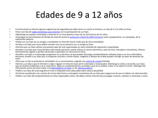 Edades de 9 a 12 años
•   A continuación se ofrecen algunas sugerencias de seguridad que debe tener en cuenta al orientar a su hijo de 9 a 12 años en línea:
•   •Cree una lista de reglas domésticas para Internet con la participación de sus hijos.
•   •Mantenga los equipos conectados a Internet en un área abierta y fuera de los dormitorios de los niños.
•   •Investigue las herramientas de filtrado de Internet (como la protección infantil de MSN Premium) como complemento, no reemplazo, de la
    supervisión paterna.
•   •Hable con sus hijos de sus amigos y actividades en línea del mismo modo que de otras actividades.
•   •Insista a sus hijos que nunca deben acordar una cita en persona con un amigo en línea.
•   •Permita que sus hijos utilicen únicamente salas de chat supervisadas en sitios infantiles de reputación comprobada.
•   •Enseñe a sus hijos que nunca faciliten información personal cuando utilicen el correo electrónico, salas de chat, mensajería instantánea, rellenen
    formularios de registro y perfiles personales y participen en concursos en línea.
•   •Enseñe a sus hijos a no descargar programas sin su permiso, ya que pueden descargar accidentalmente software espía o un virus informático.
    Asimismo, enseñe a sus hijos que si comparten archivos o toman textos, imágenes o dibujos de la Web pueden infringir las leyes de derechos de
    autor.
•   •Para que su hijo no participe en actividades sin su conocimiento, asígnele una cuenta de usuario limitada.
•   •Anime a sus hijos a que le informen si algo o alguien en línea les hace sentir incómodos o amenazados. Mantenga la calma y recuerde a sus hijos
    que no tendrán problemas si se lo comunican. Alabe su comportamiento y anímelos a que se lo vuelvan a decir si se repite lo mismo. Obtenga más
    información acerca de cómo tratar a los depredadores en línea y a los ciberacosadores.
•   •Hable a sus hijos de la pornografía en línea e indíqueles sitios adecuados sobre salud y sexualidad.
•   •Continúe accediendo a las cuentas de correo electrónico y mensajería instantánea de sus hijos para asegurarse de que no hablan con desconocidos.
•   •Hable a sus hijos del comportamiento en línea responsable y ético. No deben utilizar Internet para propagar rumores, molestar ni amenazar a otros.
 
