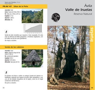 Iruelas
Sierra de Gredos (Ávila)
Parque Regional
Senda de los cabreros
32
recorrido: lineal
inicio: plataforma Nogal del Ba-
rranco (1.100 m)
fin: asentamiento ganadero
longitud: 500 m
desnivel: 100 metros
dificultad: baja (paso del río)
El sendero nos lleva a visitar un antiguo puesto de cabrero re-
habilitado, pasando por lugares de gran valor paisajístico y por
uno de los árboles singulares de la región, como es el nogal
centenario del Barranco.
De junio a octubre.
33
Ávila
Valle de Iruelas
Reserva Natural
PR·AV 47 Sillao de la Peña
recorrido: lineal
inicio: Puente del Pinillo (784 m)
fin: Sillao de La Peña (1.873 m)
longitud: 7,7 km
desnivel: 1.089 m
dificultad: alta
Senda de alta montaña que requiere ir bien equipado. En esta
ruta se disfruta de bellas gargantas y frondosa vegetación, con
la huella viva de los usos ganaderos.
De mayo a octubre.
 