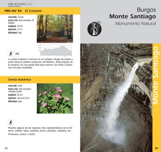Burgos
Monte Santiago
Monumento Natural
39
MonteSantiago
©J.ÁngelVarona
Valle de Iruelas (Ávila)
Reserva Natural
38
Senda botánica
recorrido: lineal
inicio y fin: área recreativa
«Siempre Verde»
longitud: 0,6 km
desnivel: menos de 10 m
dificultad: baja
Muestra alguna de las especies más representativas de la Re-
serva: acebos, tejos, castaños, pinos, cantueso, majuelos, etc.
Primavera, verano y otoño.
1240
1180
1120
2 43 km1
PRC·AV 54 El Castañar
recorrido: circular
inicio y fin: área recreativa «El
Regajo»
longitud: 3,5 km
desnivel: 114 m
dificultad: baja
La senda empieza y termina en un antiguo refugio de piedra y
parte hacia el castaño centenario «El Abuelo», árbol singular de
la comarca. Es una senda fácil para recorrer con niños o perso-
nas con poca movilidad.
 