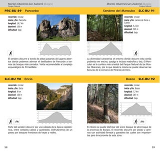 Montes Obarenes-San Zadornil (Burgos)
Parque Natural
Sendero del Mancubo SLC·BU 91
Bozoo SLC·BU 92
59
recorrido: circular
inicio y fin: Bozoo
longitud: 7,7 km
desnivel: 287 m
dificultad: baja
En Bozoo se puede disfrutar del único bosque de alcornoque de
la provincia de Burgos. El recorrido discurre por pistas y cami-
nos con actividad forestal y ganadera las cuales son importan-
tes para la economía de esta zona.
recorrido: circular
inicio y fin: camino de Encio a
Cubilla
longitud: 9,2 km
desnivel: 505 m
dificultad: baja
La diversidad caracteriza el entorno donde discurre esta senda
pudiendo ver encina, quejigo e incluso madroños y boj. El Man-
cubo es la cumbre más oriental del Parque Natural de los Mon-
tes Obarenes, por lo que desde la misma se puede observar las
llanuras de la comarca de Miranda de Ebro.
Montes Obarenes-San Zadornil (Burgos)
Parque Natural
SLC·BU 90 Encio
PRC·BU 89 Pancorbo
58
recorrido: circular
inicio y fin: Encio
longitud: 9 km
desnivel: 156 m
dificultad: baja
Parte del sendero discurre por una calzada de la época napoleó-
nica, entre cortados calizos y quebrados. Disfrutaremos de un
paseo por bosques frondosos de hayas y robles.
recorrido: circular
inicio y fin: Pancorbo
longitud: 14,7 km
desnivel: 156 m
dificultad: baja
El sendero discurre a través de pistas pasando de lugares abier-
tos donde podemos admirar el desfiladero de Pancorbo a tra-
mos de bosque más cerrados. Visita recomendable al complejo
arqueológico de El Castillete.
 