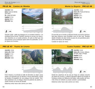 Picos de Europa (León)
Parque Regional
Monte La Boyería PRC·LE 48
Cuatro Pueblos PRC·LE 49
83
recorrido: circular
inicio y fin: Corniero, Valbuena
del Roblo, Viego y Primajas
longitud: 20 km
desnivel: 320 m
dificultad: media
Desde los cobertizos de las eras de Viego al cuidado conjunto
de piedra de Corniero, y desde la llamativa iglesia de Primajas al
frondoso enclave de Valbuena del Roblo, cada pueblo del reco-
rrido ofrece al visitante su propio carácter y personalidad.
Debemos evitar hacer este camino con nieve.
recorrido: circular
inicio y fin: Maraña (El Barrero)
longitud: 6 km
desnivel: 120 m
dificultad: baja
El recorrido por el monte La Boyería brinda una buena oportuni-
dad para observar aves forestales como el pito real. También
desde el lindero de este monte se goza de una grandiosa pano-
rámica del Macizo de Mampodre.
Cuidado en época de nieve.
Picos de Europa (León)
Parque Regional
PRC·LE 47 Puerto de Linares
PR·LE 46 Camino de Wamba
82
recorrido: circular
inicio y fin: Pallide
longitud: 7,4 km
desnivel: 240 m
dificultad: media
Entre Arianes y la entrada al valle de Remolina se dejan varias
pistas a la izquierda que se desvían a fincas particulares, donde
se localiza el cargadero de una antigua mina de carbón. Tam-
bién podremos ver un antiguo chozo de pastores de piedra, in-
cluido el techo en forma de bóveda.
Debemos evitar hacer este camino con nieve.
recorrido: lineal
inicio: Puente de Wamba
(San Isidro)
fin: collada del Acebal
longitud: 5,3 km
desnivel: 260 m
dificultad: baja
Singular poljé —valle que desagua en un sumidero kárstico— en
el paraje de los Fornos. También veremos un arroyo con retorci-
dos meandros en un prado próximo. En julio es fácil que nos
encontremos con la mariposa apolo sobre los pastizales. La me-
jor época es el verano.
500
300
100
6 14 18 km2 10
1400
1300
1200
3 5 km1
1900
1700
1500
2 3 4 km1 5
1400
1300
1200
4 6 km2
 