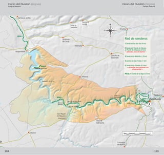 Río Duratón
SENDA 4
SENDA 1
SENDA 2
SENDA 3
SENDA 5
PR·SG·11
0,5 0 0,5 1 1,5 2
km
ejo
Puente de Villaseca
Cueva de los Siete Altares
Sebúlcor
San Miguel
de Neguera
(despoblado)
Presa de
Molinilla
Monasterio de La Hoz
Villaseca
Sepúlveda
Santa CruzErmita de
San Julián
Villar de
Sobrepeña
Consuegra
de Murera
Puente Talcano
Carrascal del Río
Burgomillodo
Hinojosas
del Cerro
Valle de
Tabladillo
Barrio de
Arriba
Aldehuela
Castrillo de
Sepúlveda
Urueñas
Ermita de San Frutos
Hoces del Duratón (Segovia)
Parque Natural
105
Hoces del Duratón (Segovia)
Parque Natural
104
Red de senderos
1 Senda de los dos ríos (4 km)
2 Senda del Puente de Talcano
al Puente de Villaseca (12 km)
—atención, zona de reserva—
3 Senda de la Molinilla (1,8 km)
4 Camino de San Frutos (1 km)
5 Senda de la Glorieta (0,9 km)
—accesible para personas con
discapacidad—
PR.SG.11 Senda de la Vega (4,5 km)
 