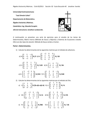 Álgebra Vectorial y Matrices. Ciclo 03/2013

Sección: 02 Guía-Discusión #2 Jonathan λverde.

Universidad Centroamericana
“José Simeón Cañas”
Departamento de Matemática.
Álgebra Vectorial y Matrices.
Catedrático: Ing. Eduardo Escapini.
Jefe de Instructores: Jonathan Landaverde.

A continuación se presentan una serie de ejercicios para el estudio de los temas de:
Determinantes, Matriz Inversa (Método de Gauss y Adjunta) y Sistemas de Ecuaciones Lineales
(SEL) con dos tipos de solución: Método de Gauss-Jordan y Cramer.

Parte I. Determinantes.
1) Calcular los determinantes de las siguientes matrices por el método de cofactores.

a) A=[

c) C= [

e) E= [

] R./2 b) B= [

] R./-39

] R./-120 d) D= [

] R./319 f) F= [

] R./-36

] R./140

2) Calcular los determinantes de las siguientes matrices por el método de Chío.
a) J=[

c) M= [

e) R= [

] R./(b-a)(c-a)(c-b) b) L= [

] R./-6

] R./382

d) N= [

f) S= [

] R./-6

] R./-95

] R./ -36

 