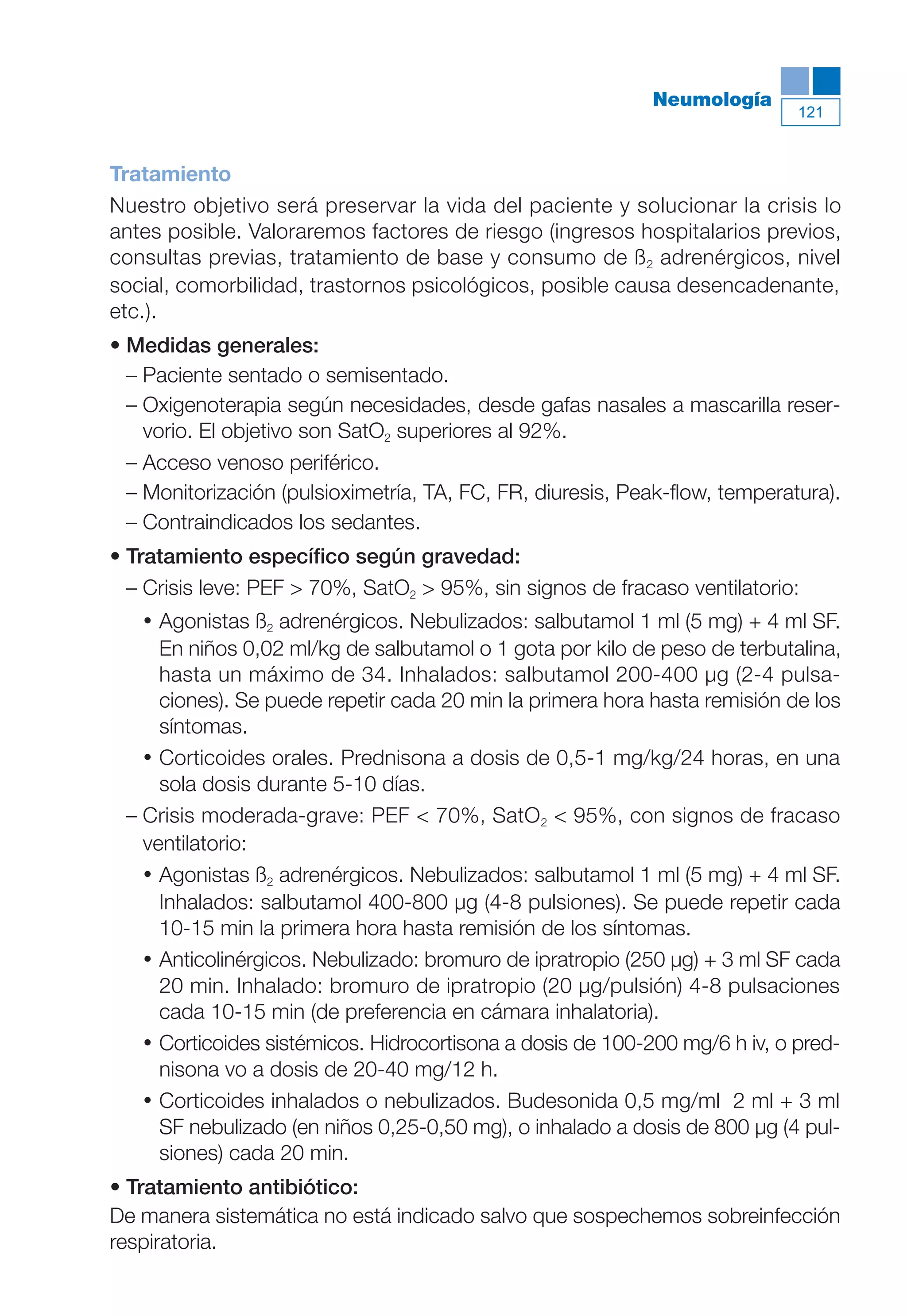 Maqueta V6.5.qxd   14/6/11   15:57   Página 121




                                                                       Neumología
                                                                                        121



           Tratamiento
           Nuestro objetivo será preservar la vida del paciente y solucionar la crisis lo
           antes posible. Valoraremos factores de riesgo (ingresos hospitalarios previos,
           consultas previas, tratamiento de base y consumo de ß 2 adrenérgicos, nivel
           social, comorbilidad, trastornos psicológicos, posible causa desencadenante,
           etc.).
           • Medidas generales:
             – Paciente sentado o semisentado.
             – Oxigenoterapia según necesidades, desde gafas nasales a mascarilla reser-
               vorio. El objetivo son SatO2 superiores al 92%.
             – Acceso venoso periférico.
             – Monitorización (pulsioximetría, TA, FC, FR, diuresis, Peak-flow, temperatura).
             – Contraindicados los sedantes.
           • Tratamiento específico según gravedad:
             – Crisis leve: PEF > 70%, SatO2 > 95%, sin signos de fracaso ventilatorio:
              • Agonistas ß2 adrenérgicos. Nebulizados: salbutamol 1 ml (5 mg) + 4 ml SF.
                En niños 0,02 ml/kg de salbutamol o 1 gota por kilo de peso de terbutalina,
                hasta un máximo de 34. Inhalados: salbutamol 200-400 µg (2-4 pulsa-
                ciones). Se puede repetir cada 20 min la primera hora hasta remisión de los
                síntomas.
              • Corticoides orales. Prednisona a dosis de 0,5-1 mg/kg/24 horas, en una
                sola dosis durante 5-10 días.
            – Crisis moderada-grave: PEF < 70%, SatO 2 < 95%, con signos de fracaso
              ventilatorio:
              • Agonistas ß2 adrenérgicos. Nebulizados: salbutamol 1 ml (5 mg) + 4 ml SF.
                Inhalados: salbutamol 400-800 µg (4-8 pulsiones). Se puede repetir cada
                10-15 min la primera hora hasta remisión de los síntomas.
              • Anticolinérgicos. Nebulizado: bromuro de ipratropio (250 µg) + 3 ml SF cada
                20 min. Inhalado: bromuro de ipratropio (20 µg/pulsión) 4-8 pulsaciones
                cada 10-15 min (de preferencia en cámara inhalatoria).
              • Corticoides sistémicos. Hidrocortisona a dosis de 100-200 mg/6 h iv, o pred-
                nisona vo a dosis de 20-40 mg/12 h.
              • Corticoides inhalados o nebulizados. Budesonida 0,5 mg/ml 2 ml + 3 ml
                SF nebulizado (en niños 0,25-0,50 mg), o inhalado a dosis de 800 µg (4 pul-
                siones) cada 20 min.
           • Tratamiento antibiótico:
           De manera sistemática no está indicado salvo que sospechemos sobreinfección
           respiratoria.
 