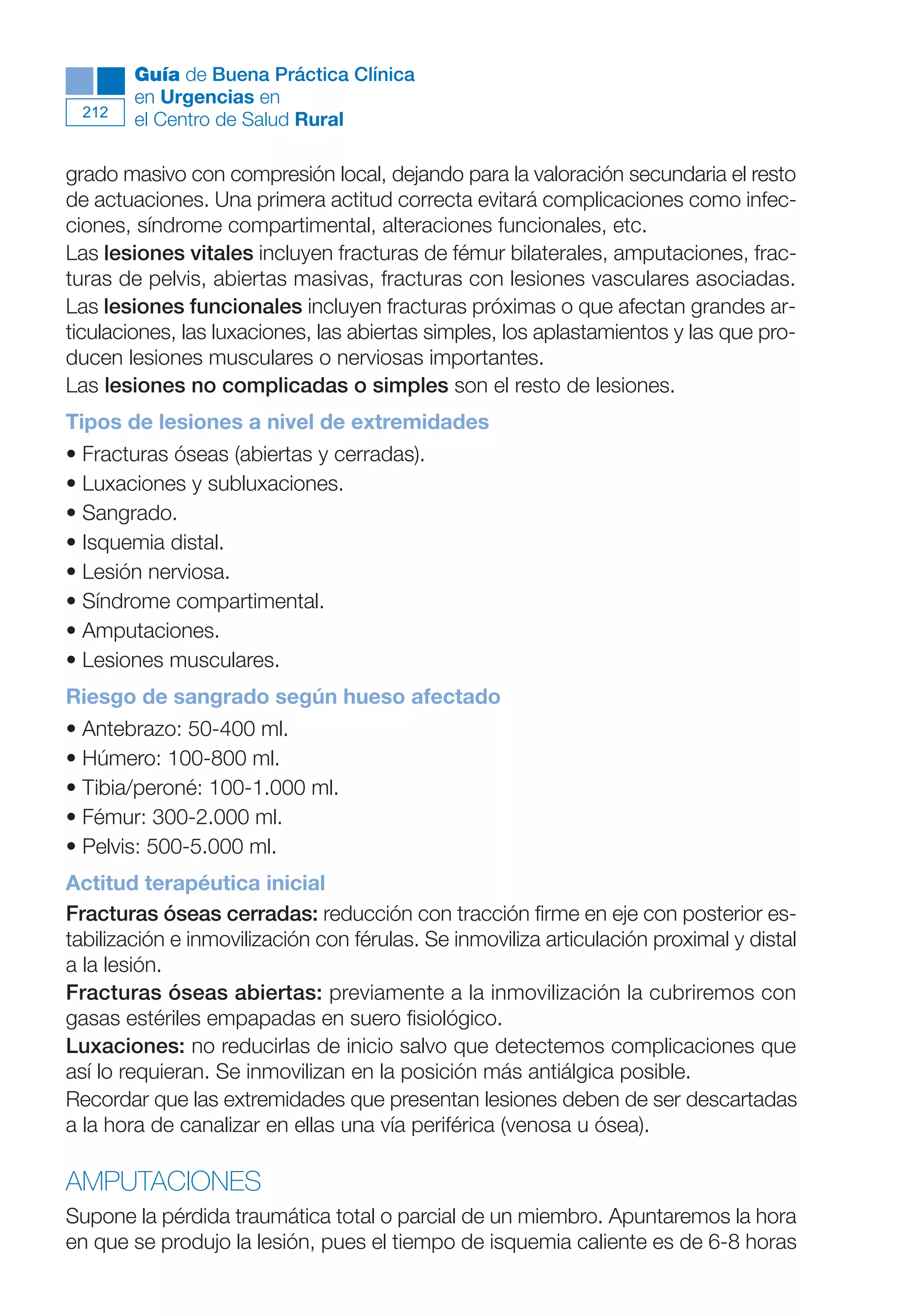 Maqueta V6.5.qxd   14/6/11   15:57   Página 212




              Guía de Buena Práctica Clínica
              en Urgencias en
        212
              el Centro de Salud Rural

      grado masivo con compresión local, dejando para la valoración secundaria el resto
      de actuaciones. Una primera actitud correcta evitará complicaciones como infec-
      ciones, síndrome compartimental, alteraciones funcionales, etc.
      Las lesiones vitales incluyen fracturas de fémur bilaterales, amputaciones, frac-
      turas de pelvis, abiertas masivas, fracturas con lesiones vasculares asociadas.
      Las lesiones funcionales incluyen fracturas próximas o que afectan grandes ar-
      ticulaciones, las luxaciones, las abiertas simples, los aplastamientos y las que pro-
      ducen lesiones musculares o nerviosas importantes.
      Las lesiones no complicadas o simples son el resto de lesiones.
      Tipos de lesiones a nivel de extremidades
      • Fracturas óseas (abiertas y cerradas).
      • Luxaciones y subluxaciones.
      • Sangrado.
      • Isquemia distal.
      • Lesión nerviosa.
      • Síndrome compartimental.
      • Amputaciones.
      • Lesiones musculares.
      Riesgo de sangrado según hueso afectado
      • Antebrazo: 50-400 ml.
      • Húmero: 100-800 ml.
      • Tibia/peroné: 100-1.000 ml.
      • Fémur: 300-2.000 ml.
      • Pelvis: 500-5.000 ml.
      Actitud terapéutica inicial
      Fracturas óseas cerradas: reducción con tracción firme en eje con posterior es-
      tabilización e inmovilización con férulas. Se inmoviliza articulación proximal y distal
      a la lesión.
      Fracturas óseas abiertas: previamente a la inmovilización la cubriremos con
      gasas estériles empapadas en suero fisiológico.
      Luxaciones: no reducirlas de inicio salvo que detectemos complicaciones que
      así lo requieran. Se inmovilizan en la posición más antiálgica posible.
      Recordar que las extremidades que presentan lesiones deben de ser descartadas
      a la hora de canalizar en ellas una vía periférica (venosa u ósea).

      AMPUTACIONES
      Supone la pérdida traumática total o parcial de un miembro. Apuntaremos la hora
      en que se produjo la lesión, pues el tiempo de isquemia caliente es de 6-8 horas
 