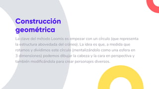 Construcción
geométrica
La clave del método Loomis es empezar con un círculo (que representa
la estructura abovedada del cráneo). La idea es que, a medida que
rotamos y dividimos este círculo (mentalizándolo como una esfera en
3 dimensiones) podemos dibujar la cabeza y la cara en perspectiva y
también modificándola para crear personajes diversos.
 