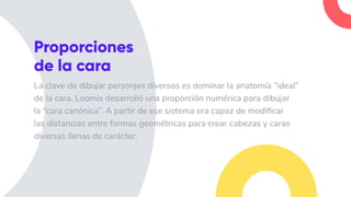 Proporciones
de la cara
La clave de dibujar personjes diversos es dominar la anatomía “ideal”
de la cara. Loomis desarrolló una proporción numérica para dibujar
la “cara canónica”. A partir de ese sistema era capaz de modificar
las distancias entre formas geométricas para crear cabezas y caras
diversas llenas de carácter.
 