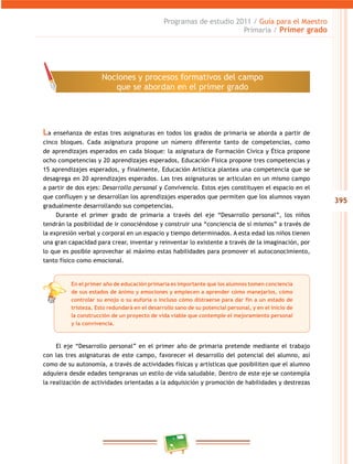 395
Programas de estudio 2011 / Guía para el maestro
Primaria / Primer grado
La enseñanza de estas tres asignaturas en todos los grados de primaria se aborda a partir de
cinco bloques. cada asignatura propone un número diferente tanto de competencias, como
de aprendizajes esperados en cada bloque: la asignatura de Formación cívica y Ética propone
ocho competencias y 20 aprendizajes esperados, educación Física propone tres competencias y
15 aprendizajes esperados, y finalmente, educación artística plantea una competencia que se
desagrega en 20 aprendizajes esperados. las tres asignaturas se articulan en un mismo campo
a partir de dos ejes: Desarrollo personal y Convivencia. estos ejes constituyen el espacio en el
que confluyen y se desarrollan los aprendizajes esperados que permiten que los alumnos vayan
gradualmente desarrollando sus competencias.
durante el primer grado de primaria a través del eje “desarrollo personal”, los niños
tendrán la posibilidad de ir conociéndose y construir una “conciencia de sí mismos” a través de
la expresión verbal y corporal en un espacio y tiempo determinados. a esta edad los niños tienen
una gran capacidad para crear, inventar y reinventar lo existente a través de la imaginación, por
lo que es posible aprovechar al máximo estas habilidades para promover el autoconocimiento,
tanto físico como emocional.
el eje “desarrollo personal” en el primer año de primaria pretende mediante el trabajo
con las tres asignaturas de este campo, favorecer el desarrollo del potencial del alumno, así
como de su autonomía, a través de actividades físicas y artísticas que posibiliten que el alumno
adquiera desde edades tempranas un estilo de vida saludable. dentro de este eje se contempla
la realización de actividades orientadas a la adquisición y promoción de habilidades y destrezas
nociones y procesos formativos del campo
que se abordan en el primer grado
En el primer año de educación primaria es importante que los alumnos tomen conciencia
de sus estados de ánimo y emociones y empiecen a aprender cómo manejarlos, cómo
controlar su enojo o su euforia o incluso cómo distraerse para dar fin a un estado de
tristeza. Esto redundará en el desarrollo sano de su potencial personal, y en el inicio de
la construcción de un proyecto de vida viable que contemple el mejoramiento personal
y la convivencia.
 