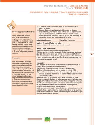 427
Programas de estudio 2011 / Guía para el maestro
Primaria / Primer grado
Nociones y procesos formativos
el docente puede reforzar
este desarrollo mediante
explicaciones respecto de la
necesidad de introducir reglas
para la convivencia, así como
utilizar recursos lúdicos para
que el alumnado experimente
la necesidad de establecer
reglas en juegos ya existentes
o en otros propuestos por ellos
mismos.
3. el docente dará retroalimentación a cada elemento de la
puesta en escena.
4. cuando el docente y el grupo consideren que la obra es
“presentable”, propondrán fecha y hora para la escenificación.
algunos alumnos podrán colaborar elaborando invitaciones
para que maestros y alumnos de otros grados, las familias y la
comunidad asistan a la presentación de la obra.
Actividades de cierre Duración: 2 sesiones
Sesión 6 El musical Pedro y el Lobo
los alumnos pondrán en escena el cuento musical.
Sesión 7 ¿Qué aprendimos?
el docente propone una ronda de autoevaluación:
¿cómo se sintieron con las actividades? ¿Qué piensan de la música?
¿Qué papel juegan el color y el sonido en nuestra vida?¿Pudieron
comunicarse con sus compañeros?, ¿llegaron a acuerdos fácilmente
o no? ¿Qué les gustó y que no te gustó de las actividades?¿Qué tan
importante es saber escuchar?
Evaluación
sugiere la siguiente distribución porcentual:
1) Participación en la planificación de actividades (30%)
2) desarrollo de productos para la puesta en escena (30%)
3) Habilidades demostradas durante los ensayos y la ejecución
final de acuerdo a lo señalado en los aprendizajes esperados en
cada asignatura(40%).
las anotaciones en su bitácora sobre la participación de cada
alumno en las actividades y en la toma de decisiones, el trabajo en
equipo para elaborar materiales, montar la escenografía, conseguir
el vestuario e interpretar a los personajes, así como su desempeño
en la puesta en escena serán fundamentales para asignar el
porcentaje correspondiente al desempeño.
Puede complementar esta evaluación con una autoevaluación en la
que se incluya a las familias y se exploren las ideas de los alumnos
sobre el valor de decir la verdad y no mentir y las emociones lo que
la puesta en escena les provocó.
Evaluación
Para evaluar esta actividad,
considere la observación del
desempeño del alumnado en
la realización de todas las
particularmente en relación con
las posibilidades de movimiento
y expresión artística en los
materiales que elaboran para
la puesta en escena de la obra
y el reconocimiento de los
diferentes sonidos musicales
asociados a los instrumentos y
personajes de la obra.
orientacioneS Para el bloQue iv camPo deSarrollo PerSonal
Y Para la convivencia
 