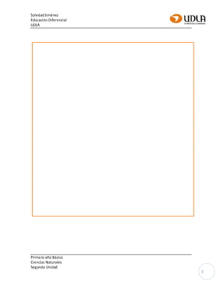 SoledadJiménez
EducaciónDiferencial
UDLA
Primero año Básico
Ciencias Naturales
Segunda Unidad
3
 