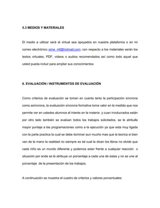 5.3 MEDIOS Y MATERIALES



El medio a utilizar será el virtual sea apoyados en nuestra plataforma o en mi

correo electrónico xime_mf@hotmail.com; con respecto a los materiales serán los

textos virtuales, PDF, videos o audios recomendados así como todo aquel que

usted pueda incluir para ampliar sus conocimientos




6. EVALUACIÓN / INSTRUMENTOS DE EVALUACIÓN



Como criterios de evaluación se toman en cuanta tanto la participación síncrona

como asíncrona, la evaluación síncrona formativa toma valor en la medida que nos

permite ver en ustedes alumnos el interés en la materia y cuan involucrados están

por otro lado también se evalúan todos los trabajos solicitados, se le atribulle

mayor puntaje a las programaciones como a la ejecución ya que esta muy ligada

con la parte practica la cual se debe dominar aun mucho mas que la teorica si bien

van de la mano la realidad no siempre es tal cual la dicen los libros no olvide que

cada niño es un mundo diferente y podemos estar frente a cualquier reacción o

situación por ende se le atribuye un porcentaje a cada una de estas y no se une al

porcentaje de la presentación de los trabajos.



A continuación se muestra el cuadro de criterios y valores porcentuales:
 