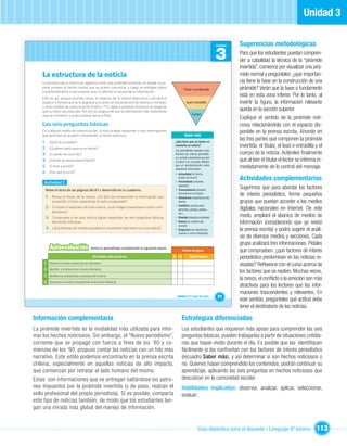 Unidad 3

                                                                                                                                           Unidad   Sugerencias metodológicas
                                                                                                                                           3        Para que los estudiantes puedan compren-
                                                                                                                                                    der a cabalidad la técnica de la “pirámide
                                                                                                                                                    invertida”, comience por visualizar una pirá-
    La estructura de la noticia                                                                                                                     mide normal y pregúnteles: ¿qué importan-
    La escritura de la noticia se organiza como una pirámide invertida, en donde se ex-                                                             cia tiene la base en la construcción de una
    pone primero el hecho central que se quiere comunicar, y luego se entregan datos
                                                                                                                Titular o encabezado                pirámide? Verán que la base o fundamento
    complementarios o secundarios que no afectan el núcleo de la información.
    Esto es así, porque muchas veces, el redactor de la noticia desconoce cuál será el
                                                                                                                                                    está en esta zona inferior. Por lo tanto, al
    espacio o tiempo que se le asignará a su texto en la prensa escrita (diarios o revistas)                      Lead o entradilla                 invertir la ﬁgura, la información relevante
    u otros medios de comunicación (radio o TV), debe considerar entonces, el riesgo de
    que su texto sea reducido. Por eso se asegura de que la información más importante                                                              queda en la sección superior.
    vaya al comienzo y la secundaria hacia el ﬁnal.                                                                    Cuerpo
                                                                                                                                                    Explique el sentido de la pirámide noti-
    Las seis preguntas básicas                                                                                                                      ciosa relacionándola con el espacio dis-
    En cualquier medio de comunicación, la noticia debe responder a seis interrogantes                                                              ponible en la prensa escrita. Ahonde en
    que permiten al receptor comprender el hecho noticioso.                                                      Saber más
                                                                                                                                                    las tres partes que componen la pirámide
    1.   ¿Qué ha sucedido?                                                                               ¿Qué hace que un hecho se

    2.   ¿Quiénes participan en el hecho?
                                                                                                         convierta en noticia?                      invertida: el titular, el lead o entradilla y el
                                                                                                         Los periodistas manejan ocho
    3.   ¿Cuándo ha ocurrido?                                                                            factores de interés periodísti-            cuerpo de la noticia. Acláreles ﬁnalmente
                                                                                                         co, es decir, elementos que por
    4.   ¿Dónde se desarrolla el hecho?                                                                  sí solos o en conjunto deﬁnen              que al leer el titular el lector se informa in-
    5.   ¿Cómo sucedió?                                                                                  que un acontecimiento cobre
                                                                                                         relevancia informativa:
                                                                                                                                                    mediatamente de lo central del mensaje.
    6.   ¿Por qué ocurrió?                                                                               • Actualidad (el hecho
                                                                                                           acaba de ocurrir)
                                                                                                         • Proximidad (cercanía
                                                                                                                                                    Actividades complementarias
     Actividad 2
      Relee el texto de las páginas 66-67 y desarrolla en tu cuaderno.
                                                                                                           espacial)
                                                                                                         • Trascendencia (impacto
                                                                                                                                                    Sugerimos que para abordar los factores
      1. Revisa el titular de la noticia. ¿Es fácil de comprender la información que
                                                                                                           del hecho en el futuro)
                                                                                                         • Relevancia (importancia del
                                                                                                                                                    de interés periodístico, forme pequeños
            presenta? ¿Cómo redactarías tú este encabezado?                                                hecho)                                   grupos que puedan acceder a los medios
                                                                                                         • Conﬂicto (luchas entre
      2. Si fueses el reportero de esta noticia, ¿qué imagen presentarías como com-                                                                 digitales nacionales en Internet. De este
                                                                                                           personas, grupos, países,
            plemento?                                                                                      etc.)
      3. Comprueba si en esta noticia logras responder las seis preguntas básicas                        • Emoción (impacto emocional)              modo, ampliará el abanico de medios de
            del hecho noticioso.                                                                         • Rareza (lo extraño del
                                                                                                           suceso)
                                                                                                                                                    información (considerando que ya revisó
      4. ¿Qué factores de interés periodístico convierten este hecho en una noticia?                     • Suspenso (se desconoce                   la prensa escrita) y podrá sugerir el análi-
                                                                                                           cuándo o cómo ﬁnalizará)
                                                                                                                                                    sis de diversos medios y secciones. Cada
                                                                                                                                                    grupo analizará tres informaciones. Pídales
         Autoevaluación                         revisa tu aprendizaje completando la siguiente pauta:
                                                                                                              Niveles de logros                     que comprueben: ¿qué factores de interés
                                                  Al terminar esta sección yo:                          Sí No        Puedo mejorar                  periodístico predominan en las noticias re-
     1 Diferencio un texto narrativo de uno informativo.
                                                                                                                                                    visadas? Reﬂexione con el curso acerca de
     2 Identiﬁco a la noticia como un texto informativo.
                                                                                                                                                    los factores que se repiten. Muchas veces,
     3 Identiﬁco las características y estructura de la noticia.
                                                                                                                                                    la rareza, el conﬂicto o la emoción son más
     4 Reconozco en la noticia el predominio de la función referencial.
                                                                                                                                                    atractivos para los lectores que las infor-
                                                                                                                                                    maciones trascendentes y relevantes. En
                                                                                                          Unidad 3: El hogar de todos…     71
                                                                                                                                                    este sentido, pregúnteles qué actitud debe
                                                                                                                                                    tener el destinatario de las noticias.

Información complementaria                                                                                    Estrategias diferenciadas
La pirámide invertida es la modalidad más utilizada para infor-                                               Los estudiantes que requieran más apoyo para comprender las seis
mar los hechos noticiosos. Sin embargo, el “Nuevo periodismo”,                                                preguntas básicas, pueden trabajarlas a partir de situaciones cotidia-
corriente que se propagó con fuerza a fines de los ’80 y co-                                                  nas que hayan vivido durante el día. Es posible que las identiﬁquen
mienzos de los ’90, propuso contar las noticias con un hilo más                                               fácilmente si las confrontan con los factores de interés periodístico
narrativo. Este estilo podemos encontrarlo en la prensa escrita                                               (recuadro Saber más), y así determinar si son hechos noticiosos o
chilena, especialmente en aquellas noticias de alto impacto,                                                  no. Quienes hayan comprendido los contenidos, podrán continuar su
que comienzan por retratar el lado humano del mismo.                                                          aprendizaje, aplicando las seis preguntas en hechos noticiosos que
Estas son informaciones que se entregan saltándose los patro-                                                 descubran en la comunidad escolar.
nes impuestos por la pirámide invertida (y de paso, realzan el                                                Habilidades implicadas: observar, analizar, aplicar, seleccionar,
sello profesional del propio periodista). Si es posible, comparta                                             evaluar.
este tipo de noticias también, de modo que los estudiantes ten-
gan una mirada más global del manejo de información.


                                                                                                                             Guía didáctica para el docente / Lenguaje 6º básico                113
 