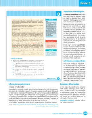 Unidad 3

                                                                                                                                       Unidad         Sugerencias metodológicas
                                                                                                                                       3              El Taller de comunicación oral propone
                                                                                                                                                      como tarea la creación de titulares noticio-
                                                                                                                                                      sos a partir del discurso de Severn Suzuki.
                                                                                                            Saber más
       Aún soy solo una niña, y sé que todos somos parte de una familia formada                                                                       Aclare este objetivo y presente este texto
       por cinco billones de miembros, de hecho por treinta millones de especies, y                 O.N.U
       todos compartimos el mismo aire, agua y tierra. Las fronteras y los gobiernos                Es la abreviatura (o sigla) de
                                                                                                                                                      como una motivación a la tarea ﬁnal.
       nunca cambiarán eso.                                                                         la Organización de la Nacio-
                                                                                                    nes Unidas, fundada en 1945                       Es conveniente que sus estudiantes se-
       Aún soy solo una niña, y sé que todos estamos juntos en esto y debemos
       actuar como un único mundo tras un único objetivo.
                                                                                                    después de la Segunda Guerra
                                                                                                    Mundial. Inicialmente se consti-
                                                                                                                                                      pan reconocer previamente, qué tipo de
       En mi rabia no estoy ciega y en mi miedo no estoy asustada de decir al mun-
                                                                                                    tuyó con 51 países que se com-
                                                                                                    prometieron a mantener la paz
                                                                                                                                                      texto es el que construye esta niña. Esto
       do cómo me siento.                                                                           y la seguridad mundiales; de-
                                                                                                    sarrollar relaciones amistosas
                                                                                                                                                      le permitirá evaluar los aprendizajes acer-
       En mi país derrochamos tanto… Compramos y despilfarramos, compramos
       y despilfarramos, y aún así los países del Norte no comparten con los necesi-
                                                                                                    entre las naciones, promover el                   ca del texto de opinión. Pregunte a los y
                                                                                                    progreso social y los derechos
       tados. Incluso teniendo más que suﬁciente, tenemos miedo de perder parte                     humanos. Actualmente la inte-                     las niñas: ¿qué tipo de texto es el que
       de nuestros bienes, tenemos miedo de compartir. En Canadá vivimos una                        gran 192 países.
       vida privilegiada, plena de comida, agua y protección. Tenemos relojes, bici-                Infórmate sobre ella en:                          construye Severn Suzuki? ¿Qué elemen-
                                                                                                    http://www.un.org/es/
       cletas, computadores y televisión. Hace dos días, aquí en Brasil, nos sorpren-
       dimos cuando pasamos algún tiempo con unos niños que viven en la calle. Y
                                                                                                                                                      tos o características del texto de opinión
       uno de esos niños nos dijo: “Desearía ser rico, y si lo fuera, daría a todos los                                                               pueden reconocer en él? ¿Qué derecho
       niños de la calle comida, ropas, medicinas, hogares y amor y afecto”.
                                                                                                        Nuevas palabras                               ejerce esta niña al hablar públicamente
       Si un niño de la calle que no tiene nada está deseoso de compartir, ¿por
       qué nosotros, que lo tenemos todo, somos tan codiciosos? No puedo dejar                      Codiciosos: mezquinos,                            en esta conferencia?
       de pensar que esos niños tienen mi edad, que el lugar donde naces marca                      egoístas, avaros.
       una diferencia tremenda, que podría ser uno de esos niños que viven en las                   Favelas: viviendas pobres,                        En esta página se ofrece la posibilidad de
                                                                                                    ubicadas en las zonas margi-
       favelas de Río; que podría ser un niño muriéndose de hambre en Somalia;
       una víctima de la guerra en Oriente Medio o un mendigo en India. Aún soy
                                                                                                    nales de la ciudad.                               escuchar el discurso de Severn Suzuki.
       solo una niña y sé que si todo el dinero gastado en guerras se utilizara para                                                                  Le sugerimos contemplar esta experien-
       acabar con la pobreza y buscar soluciones medioambientales, qué lugar ma-
       ravilloso sería la Tierra. (…)
                                                                                                            Saber más                                 cia dentro de su planiﬁcación y conversar
                  Discurso de Severn Cullis-Suzuki ante la ONU en junio de 1992. (Fragmento).
                                                                                                    Somalia: es un país ubicado
                                                                                                    al este del continente africano,
                                                                                                                                                      con el curso acerca de las diferencias
                                El repuertero, el diario ciudadano de la provincia de Llanquihue.
                              Tomado de http://www.elrepuertero.cl/admin/render/noticia/17011
                                                                                                    afectado por la inestabilidad
                                                                                                    política y pobreza económica.
                                                                                                                                                      que existen entre leer este discurso y es-
                                                                                                                                                      cucharlo, con ello reforzará el eje de la
     Después de leer                                                                                                                                  comunicación oral de este taller.
     I. Después de leer, comenta este discurso con tu profesor o profesora y grupo cur-
        so. Para apoyar el comentario les proponemos las siguientes preguntas.
                                                                                                                                                      Actividades complementarias
         1. ¿Cuál es la principal idea comunicada en el mensaje de Severn Cullis-Suzuki?                                                              Promueva la investigación proponiendo a
         2. ¿Qué ejemplos utiliza para expresar su descontento ante las desigualdades
             que existen entre los seres humanos?
                                                                                                                                                      sus estudiantes que en grupos pequeños,
         3. En este discurso, ¿qué derechos de los niños deﬁende Severn Cullis-Suzuki?                                                                busquen información acerca de los siguien-
         4. ¿Consideran que lo dicho por esta niña hace 19 años es un tema actual?                                                                    tes temas: a) ¿Qué organismos dependien-
             ¿Por qué?
         5. ¿Consideran que la declaración de esta niña ante la ONU es un hecho noti-
                                                                                                                                                      tes de la ONU velan por el derecho de los
             cioso? ¿Por qué?                                                                                                                         niños y niñas a crecer sanos física, mental y
         6. ¿Cuál es el hecho noticioso? ¿La intervención de esta niña ante la ONU o las                                                              emocionalmente? b) En la localidad que ha-
             declaraciones que hace? Fundamenten su respuesta.
                                                                                                                                                      bitan, ¿qué instituciones protegen este de-
                                                                                                      Unidad 3: El hogar de todos…     81             recho? Después de recopilada y ordenada,
                                                                                                                                                      pídales que la expongan ante el curso.

Información complementaria                                                                                                                      Estrategias diferenciadas
Fortaleza en la diversidad                                                                                                                      En caso de que algunos estudiantes se motiven
La diversidad es un recurso preciado: la interconexión e interdependencia de diferentes espe-                                                   con la iniciativa liderada por Severn Suzuki, in-
cies requiere de un cuidadoso manejo […] Un paso en la buena dirección ha sido el desarrollo                                                    vítelos a escribir una carta a las autoridades de
por algunos de los mejores cientíﬁcos del mundo de la Convención para la Diversidad Biológi-                                                    su municipalidad o ciudad, en la que expongan
ca (CBS, sus siglas en inglés), que está a favor de un enfoque global, y ha sido ratiﬁcada por                                                  sus aprensiones y sus propuestas. Acompañe
180 países. La convención hace un llamamiento a la cooperación internacional para conservar                                                     este proceso para fortalecer la escritura, los
la diversidad biológica, utilizar los recursos biológicos de manera sostenible y asegurarse de                                                  valores y la crítica constructiva.
que los beneﬁcios que se generen de su uso se distribuyan con justicia.                                                                         Habilidades implicadas: identiﬁcar, diferen-
Youth change – Jóvenes por el cambio, Manual de educación para un consumo sostenible.                                                           ciar, indagar, seleccionar.
Tomado de: http://www.ecodes.org/documentos/archivo/YXC_red.pdf (sugerido como material didáctico por la
                                                      Comisión Nacional del Medio Ambiente, CONAMA)




                                                                                                                        Guía didáctica para el docente / Lenguaje 6º básico                    123
 