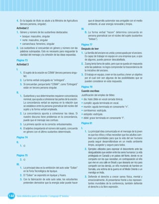 4. En la bajada de título se alude a la Ministra de Agricultura                 que el desarrollo automotor sea amigable con el medio
          (tercera persona, singular).                                                 ambiente, al usar energía renovable y limpia.
       Actividad 2                                                            IV.
       1. Género y número de los sustantivos destacados:                            D. La forma verbal “hacen” determina concuerda en
          • bosque: masculino, singular                                                persona gramatical con el núcleo del sujeto (sustantivo
          • norte: masculino, singular                                                 “bolsas”).
          • camanchaca: femenino, singular                                    Página 77
       2. Los sustantivos sí concuerdan en género y número con las            Después de leer
          palabras subrayadas. Esto es necesario para resguardar la
                                                                              1. La familia del anciano es unida y preocupada por el anciano.
          claridad del mensaje y la cohesión de las ideas expuestas.
                                                                                 Es capaz de trabajar en equipo en una empresa que, a ojos
       Página 73                                                                 de algunos, puede parecer descabellada.
       Actividad 3                                                            2. Zuang tenía fama de sabio, pero que se queda sin respuesta
                                                                                 ante las palabras: no logra comprender la trascendencia de
       I.                                                                        la iniciativa del anciano.
              1. El sujeto de la oración es CONAF (tercera persona singu-
                                                                              3. El trabajo en equipo, creer en los sueños y tener un objetivo
                 lar).
                                                                                 por el cual vivir son algunas de las posibilidades que se
              2. La forma verbal conjugada es “entregará”.                       pueden considerar en esta respuesta.
              3. Sí concuerdan, porque tanto “CONAF”, como “Entregará”
                 están en tercera persona singular.                           Página 79
                                                                              Cuando escribas
       II.
              1. Sustantivos y sus determinantes requieren concordancia       Justiﬁcación del empleo de tildes:
                 nominal, que ayuda a cohesionar las partes de la oración.    • día: hiato (tilde en vocal cerrada tónica).
                 La concordancia verbal se expresa en la relación que         • cumplió: aguda terminada en vocal.
                 se establece entre la persona gramatical del núcleo del      • reunión: aguda terminada en consonante “n”.
                 sujeto y la forma verbal empleada.                           • corriésemos: esdrújula.
              2. La concordancia apunta a cohesionar las ideas. Si            • estúpido: esdrújula.
                 nuestro discurso tiene problemas en la concordancia,         • débil: grave terminada en consonante “l”.
                 puede que el mensaje sea confuso.
              3. La primera opción es la correcta: entusiasmados.             Página 81
              4. El adjetivo (respetando el número del sujeto), concuerda     I.
                 en género con el último sustantivo determinado.                    1. La principal idea comunicada en el mensaje de la joven
                                                                                       es que los niños y niñas necesitan que los adultos cam-
       Página 74                                                                       bien sus prioridades para que la vida del ser humano
       II.                                                                             pueda seguir desarrollándose en un medio ambiente
              1. c)                                                                    limpio, acogedor y seguro para todos.
                                                                                    2. Ejemplos utilizados para expresar el descontento ante las
                                                                                       desigualdades que existen entre los seres humanos: La vida
       Página 75                                                                       privilegiada en Canadá y en países del Norte, donde no se
         2. c)                                                                         comparte con los que necesitan, en contraposición al niño
                                                                                       que vive en una calle en Brasil y que desearía ser rico para
       III.
                                                                                       compartir con los demás, un niño muriendo de hambre en
              1. La principal idea es la exhibición del auto solar “Eolian”
                                                                                       Somalia, una víctima de la guerra en el Medio Oriente o un
                 en la Feria Tecnológica de Iquique.
                                                                                       mendigo en India.
              2. El “Eolian” se expondrá en Iquique y Huara.
                                                                                    3. Deﬁende el derecho a crecer sanos física, mental y
              3. Con la fabricación de este auto solar, los estudiantes                emocionalmente. Al presentarse frente a los represen-
                 pretenden demostrar que la energía solar puede hacer                  tantes mundiales de la conferencia, también deﬁende
                                                                                       el derecho a la libre expresión.


132 Guía didáctica para el docente / Lenguaje 6º básico
 