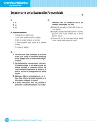 Recursos adicionales
       Material fotocopiable



         Solucionario de la Evaluación Fotocopiable

         II.                                                          V.
               1. c)                                                          El eremita subió a la cumbre más alta de una
               2. a)                                                          montaña para respirar aire puro.
               3. d)                                                       a) El sujeto de la oración es “el eremita” (tercera per-
                                                                              sona singular).
         III. Aspectos evaluados:                                          b) El sujeto y el verbo concuerdan persona y número,
                                                                              porque el verbo “subió” también está en tercera
              - Hecho pertenece al texto leído.                               persona singular.
              - El texto tiene, aproximadamente, 15 líneas.                c) El sustantivo “aire” es masculino y singular, al igual
              - El título se complementa con un epígrafe.                     que el adjetivo que lo determina (“puro”).
              - El texto se organiza sobre la base de la pirámide
                 invertida.
              - El mensaje es objetivo.

         IV.
               1. La explicación debe contemplar el hecho de
                  que el título recoge la información principal y
                  que el epígrafe añade un antecedente comple-
                  mentario.
               2. La objetividad del mensaje ayuda a transmi-
                  tir una información lo más veraz posible, sin
                  intentar persuadir ni convencer al lector. Se
                  comprueba revisando que no se reﬂeje en el
                  texto ni el punto de vista personal ni la propia
                  opinión.
               3. La imagen debe ser un complemento a la no-
                  ticia. Debe informar o mostrar aspectos de la
                  información entregada al receptor.
               4. El factor seleccionado debe ser justiﬁcado a
                  partir de la característica de cada uno de ellos.




  136 Guía didáctica para el docente / Lenguaje 6º básico
 