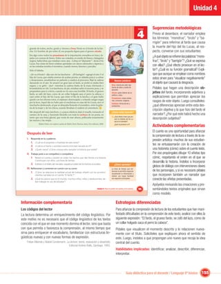 Unidad 4

                                                                                                                                                         Sugerencias metodológicas
                                                                                                                                                4
                                                                                                                                                Unidad

                                                                                                                                                         Previo al desenlace, el narrador emplea
                                                                                                                                                         los términos: “monstruo”, “bruto” y “ba-
                                                                                                                                                         rrigón” para referirse al fardo que causa
      grande de todos, ancho, gordo y oloroso a brea. Venía en el fondo de la lan-
                                                                                                                                                         la muerte del hijo del tío Lucas, al res-
      cha. Un hombre de pie sobre él, era pequeña ﬁgura para el grueso zócalo.                                                                           pecto, converse con sus estudiantes:
      Era algo como todos los prosaísmos de la importación envueltos en lona y fa-
      jados con correas de hierro. Sobre sus costados, en medio de líneas y triángulos
                                                                                                                                                         ¿A qué objeto se reﬁeren las palabras “mons-
      negros, había letras que miraban como ojos. –Letras en“diamante”– decía el tío                                                                     truo”, “bruto” y “barrigón”? ¿Qué se expresa
      Lucas. Sus cintas de hierro estaban apretadas con clavos cabezudos y ásperos; y
      en las entrañas tendría el monstruo, cuando menos, limones y percales.                                                                             con ellas? ¿Qué efecto provocan en el lec-
      Sólo él faltaba.                                                                                                                                   tor? ¿Cuál es su función gramatical? Expli-
      –¡Se va el bruto! –dijo uno de los lancheros. –¡El barrigón! –agregó el otro.Y el                                                                  que que aunque se emplean como nombres
      hijo de Lucas, que estaba ansioso de acabar pronto, se alistaba para ir a cobrar
      y desayunarse, anudándose un pañuelo a cuadros al pescuezo. Bajó la cadena
                                                                                                                                                         estos sirven para “visualizar negativamente”
                                                                                                                 Nuevas palabras
      danzando en el aire. Se amarró un gran lazo al fardo, se probó si estaba bien                                                                      al objeto que causará la desgracia.
      seguro, y se gritó: –¡Iza!– mientras la cadena tiraba de la masa chirriando y                         Brea: mezcla de color rojo
      levantándola en vilo. Los lancheros, de pie, miraban subir el enorme peso, y se                       hecha de sebo y aceite de
                                                                                                            pescado.
                                                                                                                                                         Pídales que hagan una descripción ob-
      preparaban para ir a tierra, cuando se vio una cosa horrible. El fardo, el grueso
      fardo, se zafó del lazo, como de un collar holgado saca el perro la cabeza; y
                                                                                                            Zócalo: parte inferior de un                 jetiva del fardo, incorporando adjetivos y
                                                                                                            ediﬁcio u obra.
      cayó sobre el hijo del tío Lucas, que entre el ﬁlo de la lancha y el gran bulto
                                                                                                            Prosaísmos: cosas ordina-
                                                                                                                                                         explicaciones que permitan apreciar los
      quedó con los riñones rotos, el espinazo desencajado y echando sangre negra
      por la boca. Aquel día no hubo pan ni medicinas en casa del tío Lucas, sino el
                                                                                                            rias, comunes, vulgares.                     rasgos de este objeto. Luego consúlteles:
                                                                                                            Cachaza: forma de ser y
      muchacho destrozado, al que se abrazaba llorando el reumático, entre la grite-                        conducirse.                                  ¿qué diferencias aprecian entre esta des-
      ría de la mujer y de los chicos, cuando llevaban el cadáver al cementerio. 7
                                                                                                                                                         cripción objetiva y la que hizo del fardo el
      Me despedí del viejo lanchero, y a pasos elásticos dejé el muelle, tomando el                         ¿Cómo estás leyendo?
      camino de la casa, y haciendo ﬁlosofía con toda la cachaza de un poeta, en                                                                         narrador? ¿Por qué este habrá hecho una
                                                                                                             7   ¿Qué efecto crees que pro-
      tanto que una brisa glacial, que venía de mar afuera, pellizcaba tenazmente
      las narices y las orejas.
                                                                                                                 vocó la historia del tío Lu-            descripción subjetiva?
                                                                                                                 cas en el narrador?

                                                                                                                                                         Actividades complementarias
                Rubén Darío, Los mejores cuentos de Rubén Darío, Buenos Aires, Dos editores, 2008.               ¿Qué te provocó a ti?


                                                                                                                                                         El cuento es una oportunidad para aﬁanzar
    Después de leer
                                                                                                                                                         la comprensión de lectura a través de la ex-
    I. Responde en tu cuaderno:
                                                                                                                                                         presión artística: muchos de sus estudian-
       1. ¿Cuál es el propósito o ﬁnalidad de este texto?
       2. ¿Cuál es el hecho o acontecimiento principal narrado en él?
                                                                                                                                                         tes se entusiasmarán con la creación de
       3. ¿Quién narra? ¿Cómo conoce este narrador la historia que relata?                                                                               una historieta (cómic) sobre el cuento leído.
    II. Trabaja junto a un compañero o compañera:                                                                                                        Por eso propóngales dibujar 10 viñetas tipo
        1. Relean el cuento y anoten en orden los hechos que dan forma a la historia.                                                                    cómic, respetando el orden en el que se
            Construyan con ellos, una línea de tiempo.
                                                                                                                                                         desarrolla la historia. Ínstelos a Incorporar
        2. Evalúen si el relato del narrador, respeta el orden de los hechos ocurridos.                          ¿Cómo aprendo?
                                                                                                                                                         globos de diálogo con intervenciones claves
    III. Reﬂexionen y comenten en común con su curso:                                                       La línea de tiempo que ela-
         1. ¿Cómo se relaciona la realidad actual del trabajo infantil con los aconteci-                    borarás te permitirá organizar               de los personajes, y si es necesario pídales
            mientos narrados en el cuento “El fardo”?
                                                                                                            visualmente la información y
                                                                                                            retener con mayor facilidad                  que incorporen también un narrador que
        2. ¿Qué les parece que en el mundo, muchos niños, niñas y adolescentes, de-                         sus aspectos principales.
                                                                                                                                                         conecte las viñetas presentadas.
            ban trabajar en vez de estudiar?
                                                                                                                                                         Apóyelos revisando las creaciones y pre-
                                                                                         Unidad 4: Para no perder los sueños, ni la sonrisa…    95       sentándoles textos originales que sirvan
                                                                                                                                                         como modelo.

Información complementaria                                                                                         Estrategias diferenciadas
Los códigos del lector                                                                                             Para aﬁanzar la compresión de lectura de los estudiantes que han mani-
La lectura determina un enriquecimiento del código lingüístico. Por                                                festado diﬁcultades en la comprensión de este texto, analice con ellos la
este motivo no es necesario que el código lingüístico de los textos                                                siguiente expresión: “El fardo, el grueso fardo, se zafó del lazo, como de
coincida con el que en ese momento domina el lector, sino que basta                                                un collar holgado saca el perro la cabeza”.
con que permita o favorezca la comprensión, al mismo tiempo que                                                    Pídales que visualicen el momento descrito y lo relacionen nueva-
sirva para enriquecer el vocabulario, familiarizar con estructuras lin-                                            mente con el título. Solicíteles que expliquen ahora el sentido de
güísticas nuevas y con nuevas formas de expresión.                                                                 este. Luego, ínstelos a que propongan uno nuevo que recoja la idea
    Felipe Alliende y Mabel Condemarín. La lectura: teoría, evaluación y desarrollo.                               central del cuento.
                                          Editorial Andrés Bello, Santiago: 1993.
                                                                                                                   Habilidades implicadas: identiﬁcar, analizar, describir, diferenciar,
                                                                                                                   interpretar.




                                                                                                                                 Guía didáctica para el docente / Lenguaje 6º básico              155
 