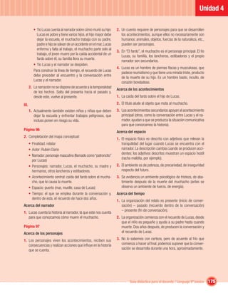 Unidad 4

          • Tío Lucas cuenta al narrador sobre cómo murió su hijo:    2. Un cuento requiere de personajes para que se desarrollen
            Lucas es pobre y tiene varios hijos, el hijo mayor debe      los acontecimientos, aunque ellos no necesariamente son
            dejar la escuela, el muchacho trabaja con su padre,          humanos: animales, objetos, fuerzas de la naturaleza, etc.,
            padre e hijo se salvan de un accidente en el mar, Lucas      pueden ser personajes.
            enferma y falta al trabajo, el muchacho parte solo al
                                                                      3. En “El fardo”, el muchacho es el personaje principal. El tío
            trabajo, el joven muere por la caída accidental de un
                                                                         Lucas, su familia, los lancheros, estibadores y el propio
            fardo sobre él, su familia llora su muerte.
                                                                         narrador son secundarios.
          • Tío Lucas y el narrador se despiden.
                                                                      4. Lucas es un hombre de piernas ﬂacas y musculosas, que
          Para construir la línea de tiempo, el recuerdo de Lucas
                                                                         padece reumatismo y que tiene una mirada triste, producto
          debe preceder al encuentro y la conversación entre
                                                                         de la muerte de su hijo. Es un hombre basto, inculto, de
          Lucas y el narrador.
                                                                         corazón bondadoso.
       2. La narración no se dispone de acuerdo a la temporalidad
                                                                      Acerca de los acontecimientos
          de los hechos. Salta del presenta hacia el pasado y,
          desde este, vuelve al presente.                             1. La caída del fardo sobre el hijo de Lucas.

III.                                                                  2. El título alude al objeto que mata al muchacho.
       1. Actualmente también existen niños y niñas que deben         3. Los acontecimientos secundarios apoyan al acontecimiento
          dejar la escuela y enfrentar trabajos peligrosos, que          principal (otros, como la conversación entre Lucas y el na-
          incluso ponen en riesgo su vida.                               rrador, ayudan a que se produzca la situación comunicativa
                                                                         para que conozcamos la historia).
Página 96
                                                                      Acerca del espacio
2. Completación del mapa conceptual:
                                                                      1. El espacio físico es descrito con adjetivos que relevan la
       • Finalidad: relatar                                              tranquilidad del lugar cuando Lucas se encuentra con el
       • Autor: Rubén Darío                                              narrador. La descripción cambia cuando se producen acci-
                                                                         dentes: los adjetivos descritos muestran un espacio hostil
       • Narrador: personaje masculino (llamado como “patroncito”
                                                                         (racha maldita, por ejemplo).
         por Lucas)
       • Personajes: narrador, Lucas, el muchacho, su madre y         2. El ambiente es de pobreza, de precariedad, de inseguridad
         hermanos, otros lancheros y estibadores.                        respecto del futuro.
       • Acontecimiento central: caída del fardo sobre el mucha-      3. Se evidencia un ambiente psicológico de tristeza, de aba-
         cho, que le causa la muerte.                                    timiento después de la muerte del muchacho (antes se
       • Espacio: puerto (mar, muelle, casa de Lucas)                    observa un ambiente de fuerza, de energía).
       • Tiempo: el que se emplea durante la conversación y,          Acerca del tiempo
         dentro de esta, el recuerdo de hace dos años.
                                                                      1. La organización del relato es presente (inicio de conver-
Acerca del narrador                                                      sación) – pasado (recuerdo dentro de la conversación)
                                                                         – presente (ﬁn de conversación).
1. Lucas cuenta la historia al narrador, la que este nos cuenta
   para que conozcamos cómo muere el muchacho.                        2. La organización comienza con el recuerdo de Lucas, desde
                                                                         que el niño es pequeño y ayuda a su padre hasta cuando
Página 97                                                                muerte. Dos años después, de producen la conversación y
Acerca de los personajes                                                 el recuerdo de Lucas.

1. Los personajes viven los acontecimientos, reciben sus              3. No lo sabemos con certeza, pero de acuerdo al frío que
   consecuencias y realizan acciones que inﬂuye en la historia           comienza a hacer al ﬁnal, podemos suponer que la conver-
   que se cuenta.                                                        sación se desarrolla durante una hora, aproximadamente.




                                                                               Guía didáctica para el docente / Lenguaje 6º básico      175
 