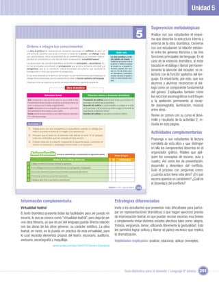 Unidad 5

                                                                                                                                                                   Unidad   Sugerencias metodológicas
                                                                                                                                                                   5        Analice con sus estudiantes el esque-
                                                                                                                                                                            ma que describe la estructura interna y
                                                                                                                                                                            externa de la obra dramática. Converse
    Ordena e integra tus conocimientos                                                                                                                                      con sus estudiantes la relación existen-
    La obra dramática se caracteriza por presentar personajes en conﬂicto, es decir, en
    una lucha de opuestos que se da a conocer a través de la acción y del diálogo. Dada                                              Saber más                              te entre los géneros literarios y las tres
    sus características, ofrece la posibilidad de ser representada en un escenario. Esta ca-                                Las obras dramáticas y la fun-                  funciones principales del lenguaje. En el
    pacidad de concretarse en una obra de teatro se denomina “virtualidad teatral”.                                         ción apelativa del lenguaje. La

    Los personajes, de una obra dramática, se dividen en principales y secundarios. En-
                                                                                                                            ﬁnalidad de esta función es llamar              caso de la instancia dramática, al estar
                                                                                                                            la atención y modiﬁcar la conducta
    tre los principales encontrarás al protagonista que encarna la fuerza principal y al                                    del receptor con un propósito de-               basada en el diálogo y llamar permanen-
    antagonista, que es su oponente. Habrá personajes secundarios que ayudarán al                                           terminado: preguntar, pedir, acon-
    protagonista y otros que apoyarán al antagonista.                                                                       sejar, etc. Para ello emplea oracio-            temente la atención del receptor, se re-
    En las obras dramáticas la atención del receptor es permanentemente estimulada por el
                                                                                                                            nes interrogativas y exclamativas,
                                                                                                                            vocativos (llamados al receptor) y              laciona con la función apelativa del len-
    diálogo de los personajes, por eso predomina en ellas la función apelativa del lenguaje.                                verbos en modo imperativo (man-
                                                                                                                            dato).
                                                                                                                                                                            guaje. Es importante, por esto, que sus
    Observa cómo se organiza la acción en estas obras en el siguiente esquema:
                                                                                                                                                                            alumnos y alumnas reconozcan al diá-
                                                                Obra dramática                                                                                              logo como un componente fundamental
                                                                                                                                                                            del género. Explíqueles también cómo
                              Estructura formal                                              Estructura interna o instancias dramáticas
                                                                                                                                                                            los recursos escenográﬁcos contribuyen
     Acto: corresponde a cada una de las partes en que se divide la obra.             Presentación del conﬂicto: parte inicial de la obra, que presenta a los
     Normalmente el número de actos coincide con su estructura interna. Los           personajes y el conﬂicto que se desarrollará.
                                                                                                                                                                            a la apelación permanente al recep-
     actos se reconocen por la subida y bajada del telón.                             Desarrollo del conﬂicto: la acción dramática se sostiene en la lucha                  tor (escenografía, iluminación, música)
     Cuadro: relacionado con la escenografía que se presenta. Cada cambio             de los personajes o de las fuerzas que están en pugna. El momento de
     de la ambientación física señala un nuevo cuadro.                                mayor tensión se denomina “clímax”.                                                   entre otros.
     Escena: parte en las que se divide un acto, determinada por cada entra-          Desenlace del conﬂicto: en esta parte se resuelve el conﬂicto.
     da o salida de personajes.                                                                                                                                             Revise en común con su curso el desa-
                                                                                                                                                                            rrollo y resultado de la actividad 2, in-
     Actividad 2                                                                                                                                                            cluida en esta página.
      1. Trabaja junto con dos compañeros o compañeras creando un diálogo dra-
            mático que trate el tema de la imagen y las apariencias.
                                                                                                                                                                            Actividades complementarias
      2. Procuren que el texto no se extienda más allá de un acto. En él apliquen
            todos los contenidos que han revisado en esta sección.
                                                                                                                                                                            Proponga a sus estudiantes la lectura
      3. Evalúen cada uno su creación, empleando la siguiente pauta. Comenten en
            común su evaluación y propongan correcciones, si es necesario.                                                                                                  completa de esta obra y que distingan
                                                                                                                                                                            en ella los componentes descritos en el
         Autoevaluación                          revisa tu aprendizaje completando la siguiente pauta:
                                                                                                                                                                            organizador gráﬁco. Pídales que apli-
                                                                                                                                  Niveles de logros
                                                                                                                                                                            quen los conceptos de escena, acto y
                                           Después de leer el diálogo, observo que:                                       Sí No           Puedo mejorar
                                                                                                                                                                            cuadro. Así como los de presentación,
     1 El diálogo se centra en la lucha por mantener las apariencias.
     2 En él se distinguen dos fuerzas en conﬂicto lideradas por el protagonista y el antagonista.
                                                                                                                                                                            desarrollo y desenlace del conﬂicto.
     3 Este presenta claramente la primera instancia dramática (presentación del conﬂicto).
                                                                                                                                                                            Guíe el proceso con preguntas como:
     4 El texto posee acotaciones que permiten representarlo.                                                                                                               ¿cuántos actos tiene esta obra? ¿En qué
     5 El diálogo es ágil y ﬂuido, lo que facilita su representación.                                                                                                       escena aparece un carabinero? ¿Cuál es
                                                                                                                                                                            el desenlace del conﬂicto?
                                                                                                                         Unidad 5: Y a mí... ¿qué me dicen?        123



Información complementaria                                                                                                        Estrategias diferenciadas
Virtualidad teatral                                                                                                               Invite a los estudiantes que presentan más diﬁcultades para partici-
El texto dramático presenta todas las facilidades para ser puesto en                                                              par en representaciones dramáticas a que hagan ejercicios previos
escena, lo que se conoce como “virtualidad teatral”, pero deja de ser                                                             de improvisación teatral, en que puedan recrear escenas muy breves
una obra literaria, ya que el uso del lenguaje guarda directa relación                                                            o simplemente imitar distintos estados afectivos tales como: alegría,
con las obras de los otros géneros: su carácter estético. La obra                                                                 tristeza, vergüenza, temor, utilizando libremente la gestualidad. Esto
teatral, en tanto, es la puesta en práctica de esta virtualidad, para                                                             les permitirá lograr soltura y liberar el pánico escénico que implica
lo cual necesita elementos propios del teatro: escenario, auditorio,                                                              la dramatización.
vestuario, escenografía y maquillaje.                                                                                             Habilidades implicadas: analizar, relacionar, aplicar conceptos.
                                          (www.scribd.com/doc/14644751/Genero-Dramatico)




                                                                                                                                                   Guía didáctica para el docente / Lenguaje 6º básico             201
 