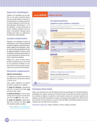 Sugerencias metodológicas
  Explique a los estudiantes que las pala-              Lectura central                             Palabras del texto
  bras no son entes meramente léxicos,
  sino que cumplen distintas “funciones” al
  interrelacionarse en la cadena discursiva.                                                         Los demostrativos:
  Al respecto explique la función de las pa-                                                         palabras para señalar o mostrar
  labras llamadas “demostrativos” y su rol                                                           En esta sección analizaremos la función que cumplen ciertas palabras que sirven
  de indicadores, al mismo tiempo que su                                                             para señalar o mostrar aquello de lo que se habla.
                                                                                                     Observa atentamente la siguiente ilustración y desarrolla la actividad propuesta.
  función sintáctica especíﬁca como ad-
  jetivos o pronombres. Proponga nuevos                          ¡Ah, Robustiana,                     Actividad 1
                                                                cómo se nota que
  ejemplos para ilustrar sus aplicaciones,                     has metido la mano                      1. ¿A qué se reﬁere Procopio cuando dice has metido la mano en “esto”?
  de preferencia contextualizados.                                  en esto...!                        2. ¿Por qué crees que en vez de volver a mencionar la situación a la que alude,
                                                                                                             preﬁrió usar la palabra “esto”?
                                                                                                       3. En la siguiente tabla, observa cómo se emplean las palabras destacadas en rojo.
  Actividad complementaria
  Proponga a sus estudiantes la lectura de                                                                                Columna 1                                               Columna 2
                                                                                                      Se te ocurrió meternos en este berenjenal, o, más
  textos breves en que se aprecie claramente                                                          apropiadamente dicho, en este Zapallar.
                                                                                                                                                             Ya habías tenido ideas parecidas, pero ¡esta!

  el empleo de adjetivos y pronombres demos-                                                          Este patio de la casa ostenta unas hermosas matas de   No conocían patios con zapallos. En ese habían
  trativos, pídales que los identiﬁquen y subra-                                                      esa legumbre.                                          muchísimos.

  yen. Dé como clave para identiﬁcar la función                                                       Aquellas mujeres lo único que deseaban era transmitir
                                                                                                                                                            Las mujeres que he conocido son prudentes y sencillas,
                                                                                                                                                            sin embargo, aquellas lo único que deseaban era
                                                                                                      un nivel de vida que no tenían.
  de adjetivo demostrativo, reconocer cuál es                                                                                                               guardar las apariencias.

  el sustantivo o nombre que este muestra. En
                                                                                                      Actividad 2
  el caso del pronombre la ausencia del sus-
                                                                                                       1. Responde en tu cuaderno:
  tantivo o aquel al que reemplaza.                                                                          En la columna 1:
  Pídales que a partir de estos casos y                                                                      a) ¿Qué tipo de palabras son las subrayadas?

  ejemplos, propongan otros y los anoten                                    Unidad 1
                                                                    ¿Cómo aprendo?
                                                                                                             b) ¿Qué función cumplen las palabras destacadas en rojo con respecto a
                                                                                                                 las subrayadas?
  en sus cuadernos escribiendo con dis-                                                                      En la columna 2:
                                                                 Los demostrativos cumplen
  tinto color la función de adjetivo demos-                      la función de adjetivos cuando
                                                                                                             a) ¿A qué situación, idea u objeto se reﬁeren las palabras destacadas en rojo?
                                                                                                             b) ¿Qué cosa o idea se deja de nombrar y es sustituida por las palabras
  trativo y la de pronombre demostrativo.                        el sustantivo está presente
                                                                 en la oración y es especiﬁcado                  destacadas en rojo?
                                                                 por el adjetivo demostrativo.
                                                                 Este es el caso, de los ejem-
  Información complementaria                                     plos de la columna 1.
                                                                                                     Ordena e integra tus conocimientos
                                                                 Cuando un demostrativo cum-

  Adjetivos demostrativos                                        ple la función de pronombre
                                                                 el sustantivo no aparece en la      Adjetivos y pronombres demostrativos
                                                                 oración, puesto que es susti-       En nuestro idioma existen palabras cuya función es señalar o mostrar aquello de lo
  Los adjetivos van delante del nombre al                        tuido por el pronombre de-          que se habla especiﬁcando la distancia en que nos encontramos con respecto a él.
                                                                 mostrativo. Ese es el caso de
  que determinan y concuerdan en género                          los ejemplos de la columna 2.
                                                                                                     Estas palabras se conocen como sustantivos y pueden cumplir, tanto la función de
                                                                                                     adjetivos como de pronombres.
  y número con él.
  Éstos pueden establecer una relación                   124   Unidad 5: Y a mí... ¿qué me dicen?

  temporal o espacial con el hablante.
  1º grado de distancia: relativamente
  cerca de a la persona que habla, este               Estrategias diferenciadas
  niño (esta, estos, estas).
                                                      Apoye a los estudiantes con más diﬁcultad para lograr los aprendizajes de contenido gramatical,
  2º grado de distancia: ni cerca ni lejos,           propóngales que analicen ejercicios de estructura simple. Compruebe que manejen claramente
  muchas veces se sitúa en función de los             los conceptos de adjetivo y pronombre y solo después incorpore los conceptos especíﬁcos de
  otros dos, ese niño (esa, esos, esas).              adjetivos y pronombres demostrativos. Sugiera que destaquen estas palabras con diferente color
  3º grado de distancia: relativamente                para recordar su función diferente, o que en el caso del adjetivo demostrativo ubiquen primero al
  lejos de la persona que habla, aquel                sustantivo que este determina y lo subrayen.
  niño (aquella, aquellos, aquellas)
                                                      Habilidades implicadas: analizar, identiﬁcar, construir y aplicar conceptos.
      Tomado y adaptado de: http://eljuego.free.fr/
        Fichas_gramatica/FG_demostrativos.htm




202 Guía didáctica para el docente / Lenguaje 6º básico
 