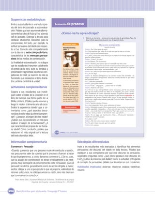 Sugerencias metodológicas
  Invite a sus estudiantes a una lectura pre-             Evaluación de               proceso
  via del texto incorporado a esta evalua-
  ción. Pídales que lean asumiendo alterna-
  damente los roles de Adán y Eva, además                          ¿Cómo va tu aprendizaje?
  del de acotador. Detenga la lectura para                                                              I. Detente un momento y revisa como va tu proceso de aprendizaje. Para ello
  destacar situaciones relevantes para la                                                                  desarrolla la siguiente evaluación. Lee el siguiente texto.

  comprensión del texto, por ejemplo, la                                Conoce al autor...                                     El paraíso semiperdido
  actitud persuasiva del diablo con respec-                           Alejandro Sieveking                                              Alejandro Sieveking
  to a Eva. Conecte este comportamiento                               (1934-...)                          Diablo: ¡Eva! ¡Qué gusto de verla!
                                                                                                          Eva: Una serpiente que habla. Es lo más raro que he visto en mi vida.
  con la idea de la seducción publicitaria,  ,                                                            Diablo: Soy de una variedad nueva.
  característica de los mensajes persua-                                                                  Eva: ¡Aah! ¿Cómo está usted? Pensé que no había en el mundo alguien con
                                                                                                          quien se pudiera hablar.
  sivos de los medios de comunicación.                                                                    Diablo: ¿Cómo? ¿Y Adán?
                                                                                                          Eva: Es distinto, con él converso.
  La ﬁnalidad de esta evaluación, no es lograr                                                            Diablo: Perdone, pero parece que no le entendí muy bien, mire.
  que los estudiantes interpreten cabalmente                                                              Eva: ¡Ay! Es que tengo tan poco trato social. Arrástrese hasta aquí y podre-
                                                                                                          mos hablar mejor. Realmente nunca había visto una variedad tan especial
  el sentido de la obra, pues su temática y                           Dramaturgo chileno, cuyas           de serpiente como la suya. Tan desarrolladito, ¿no?
                                                                      obras se caracterizan por
  presentación fragmentada excede las com-                            combinar diversos recursos
                                                                                                          Diablo: Sí. Criado con una dieta especial de manzanas.
                                                                                                          Eva: ¡No me diga!
  petencias del nivel. La inserción de esta es                        escénicos y el lenguaje po-
                                                                      pular para mostrar la idiosin-
                                                                                                          Diablo: Sí. Aclara la inteligencia y las cuerdas vocales. Da movilidad a la
  funcional a que reconozcan el texto dramá-                          crasia nacional.
                                                                                                          lengua y despierta la imaginación. Hasta me permite adivinar lo que usted
                                                                                                          está pensando ahora.
  tico y el tema central de la unidad.                                Ha desarrollado una extensa
                                                                      e importante labor teatral
                                                                                                          Eva: ¿Qué estoy pensando?
                                                                                                          Diablo: ¡Que quiere comerse la manzana!
                                                                      en Chile y en Costa Rica.
                                                                                                          Eva: Sí, exacto… Oiga, pero… ¿cómo? Esto es increíble.
  Actividades complementarias                                         Algunas de sus numerosas
                                                                      obras son: Encuentro con la         Diablo: (Modesto.) No tanto.
                                                                      sombra (1955)), El paraíso          Eva: Por eso es que está prohibido comer manzanas, ¿ah? Ya me parecía
  Sugiera a sus estudiantes que investi-                              semiperdido (1960), Pare-           que algo raro había en todo eso. Mire, no es por pelar, ¿no?, pero a mí eso
                                                                                                          de la prohibición de comer manzanas siempre me pareció medio egoísta.
                                                                      cido a la felicidad (1960),
  guen sobre el relato de la Creación en el                           Ánimas de día claro (1962),         Estoy segura de que Dios y el ángel guardián se dan buenos atracones de
  libro del Génesis que forma parte de La                                     Unidad 1
                                                                      Tres tristes tigres (1967), La
                                                                      sal del desierto (1972), Li-
                                                                                                          manzanas en las noches, cuando nadie los ve. Si una serpiente habla, yo
                                                                                                          podré volar y quién sabe cuántas cosas más. Y no sólo habla. ¡Hasta adivina
  Biblia cristiana. Pídales que lo resuman y                          bres de polvo y paja (1988).        el pensamiento!
                                                                                                          Diablo: También adivino el futuro.
  luego lo relaten oralmente ante el curso.                                                               Eva: ¡Qué estupendo! A ver, a ver, adivíneme el futuro.
  Evalúe la experiencia dando lugar a co-                                 Nuevas palabras                 Diablo: (Mirándole la mano.) Por su mano puedo ver que usted, una persona
                                                                                                          sensible, agradable y simpática… ¿Pero qué es lo que veo Eva: Casi se me
  mentarios como: ¿qué aspectos desco-                                Atracones: excesos, gran
                                                                      cantidad.
                                                                                                          olvida… ¿Le puedo hacer una preguntita? Fíjese que anoche tuve un sueño
                                                                                                          muy raro. Soné que tenía un hombrecito chico aquí adentro.
  nocidos de este relato pudieron compren-                                                                Diablo: No me diga, ¡un hombrecito!... Claro… (Declaración importante.)
  der? ¿Conocían el origen de este relato?                                                                Usted está esperando guagua.
                                                                                                          Eva: ¿Qué es eso?
  ¿Sabían que es considerado un mito para                                                                 Diablo: ¿Ha visto a los conejos tener conejitos?
  explicar el origen de la humanidad? ¿A                                                                  Eva: No, pero tengo una gata que tuvo gatitos.
                                                                                                          Diablo: Es lo mismo.
  qué características propias del ser huma-
  no alude? Como conclusión, pídales que
  relacionen el mito original con la lectura              126    Unidad 5: Y a mí... ¿qué me dicen?

  del texto dramático leído.

  Información complementaria                                                                      Estrategias diferenciadas
  Convencer / Persuadir                                                                           Inste a los estudiantes más avanzados a identiﬁcar los elementos
  «Cuando queremos que una persona mude de conducta u opinión,                                    persuasivos del discurso del diablo en esta lectura. Pídales que
  nos procuramos valer de razones que le precisen o fuercen a hacer                               expliquen a sus compañeros por qué este discurso es persuasivo,
  lo que le proponemos, y a esto llamamos convencer (...).Se ve, pues,                            sugiérales preguntas como: ¿qué efecto produce este discurso en
  que la acción del convencedor se dirige principalmente a la inteli-                             Eva? ¿Cuál es la intención del diablo? Cierre la actividad entregando
  gencia. Muy semejante al convencimiento es la persuasión, pues el                               el concepto de persuasión, pídales que lo anoten en sus cuadernos.
  persuadir se deﬁne generalmente como la acción dirigida a mover,                                Habilidades implicadas: observar, relacionar, analizar, identiﬁcar,
  excitar, obligar a uno a que ejecute lo que se propone, valiéndose de                           resumir.
  razones y discursos, no sólo que venzan su razón, sino más bien aun
  que conmuevan su corazón.»
      Pedro María Olivé. Diccionario Manual de Sinónimos y Antónimos de la Lengua
                            Española Vox. España: Larousse Editorial, S.L., © 2007.



204 Guía didáctica para el docente / Lenguaje 6º básico
 