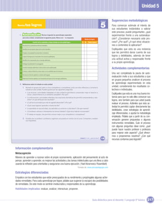 Unidad 5

                                                                                                                                            Unidad   Sugerencias metodológicas
  Revisa tus               logros                                                                                                           5        Para comenzar estimule el interés de
                                                                                                                                                     sus estudiantes instándolos a valorar
                                                                                                                                                     este proceso; puede preguntarles: ¿qué
    I.   Autoevaluación                        Revisa si lograste los aprendizajes esperados                                                         experimentan frente a una autoevalua-
         para esta unidad, completando la siguiente pauta. Marca con  tu respuesta.
                                                                                                              Niveles de logros                      ción? ¿Consideran necesario este pro-
                              A partir de los contenidos y temas tratados en esta unidad logré...         Sí No      Puedo mejorar                   ceso? ¿Por qué? ¿A qué otras situacio-
     1 Reconocer las características del texto dramático.                                                                                            nes o contenidos lo aplicarían?
     2 Identiﬁcar las principales etapas de la acción dramática.                                                                                     Explíqueles que esta es una instancia
     3 Emplear con propiedad los pronombres mostrativos.                                                                                             que les permitirá darse cuenta de sus
     4 Captar el mensaje que se transmite en los anuncios publicitarios.                                                                             logros y debilidades, además de tener
     5 Identiﬁcar los componentes de un mensaje publicitario.
                                                                                                                                                     una actitud activa y responsable frente
                                                                                                                                                     a su propio aprendizaje.
     6 Distinguir la publicidad de la propaganda.

     7 Construir mensajes publicitarios, tanto escritos como audiovisuales.
                                                                                                                                                     Actividades complementarias
     8 Conocer y valorar el derecho a crecer sanos y en un ambiente que nos favorezca.
                                                                                                                                                     Una vez completada la pauta de auto-
     9 Reconocer la función apelativa o conativa del lenguaje.
                                                                                                                                                     evaluación invite a sus estudiantes a que
     10 Relacionar la función apelativa con el propósito persuasivo de los mensajes publicitarios.
                                                                                                                                                     en grupos pequeños analicen el proceso
    II. Reﬂexiona sobre lo tratado en esta unidad
                                                                                                                                                     de aprendizaje experimentado en esta
         1. Reúnete en grupos de cuatro o cinco compañeros y compañeras, junto con ellos reﬂexiona y comenta lo
                                                                                                                                                     unidad, considerando los resultados co-
               tratado en esta unidad. Pueden guiarse por las siguientes preguntas:                                                                  lectivos e individuales.
               • ¿Las lecturas y actividades trabajadas en esta unidad te permitieron comprender mejor el derecho a
                 crecer y desarrollarse en un ambiente saludable? ¿Por qué?                                                                          Explíqueles que esta es una muy buena ins-
               • ¿La información y actividades referidas a las creaciones dramáticas les permitió comprenderlas y valo-                              tancia para que no solo ellos conozcan sus
                 rarlas? ¿A qué atribuyen ese resultado?                                                                                             logros, sino también para que usted pueda
               • ¿Cuál fue la actividad que más les agradó desarrollar? ¿Por qué?
                                                                                                                                                     evaluar el proceso. Acláreles que esta ac-
               • ¿Qué cosas lograron aprender a través de ella?
                                                                                                                                                     tividad le permitirá captar directamente las
               • Lo aprendido en esa actividad, ¿es aplicable a su entorno o vida diaria? ¿De qué manera?
               • ¿Consideran valiosos e interesantes los temas tratados? ¿Qué otros habrían incorporado?
                                                                                                                                                     debilidades, crear estrategias de aprendi-
               • El trabajo en equipo, ¿les permitió conocer mejor a sus compañeros o compañeras?
                                                                                                                                                     zaje diferenciadas, o ajustar la metodología
                                                                                                                                                     empleada. Pídales que a partir de su con-
         2. Guiados por su profesor o profesora, organicen una puesta en común con el curso. Compartan y evalúen
               sus respuestas.                                                                                                                       versación generen propuestas o algunos
                                                                                                                                                     instrumentos remediales. Guíe el proceso
                                                                                                                                                     con algunas preguntas clave como: ¿qué
                                                                                                                                                     puede hacer nuestro profesor o profesora
                                                                                                                                                     para mejorar este aspecto? ¿Qué ofrece-
                                                                                                                                                     mos o proponemos nosotros? ¿Con qué
                                                                                                       Unidad 5: Y a mí... ¿qué me dicen?   139      recursos contamos para lograrlo?


Información complementaria
Metacognición
Manera de aprender a razonar sobre el propio razonamiento, aplicación del pensamiento al acto de
pensar, aprender a aprender, es mejorar las actividades y las tareas intelectuales que uno lleva a cabo
usando la reﬂexión para orientarlas y asegurarse una buena ejecución. (Yael Abramovicz Rosenblatt)
                                                                                                     Tomado de: www.psicopedagogía.com

Estrategias diferenciadas
Empatice con los estudiantes que están preocupados de su rendimiento y propóngales algunas activi-
dades remediales. Para cada aprendizaje por lograr, pídales que sugieran (o escojan) dos posibilidades
de remediales. De este modo se sentirán involucrados y responsables de su aprendizaje.
Habilidades implicadas: evaluar, analizar, interactuar, proponer.



                                                                                                                            Guía didáctica para el docente / Lenguaje 6º básico              217
 