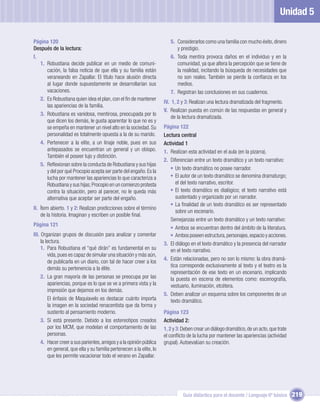 Unidad 5

Página 120                                                                5. Considerarlos como una familia con mucho éxito, dinero
Después de la lectura:                                                       y prestigio.
I.                                                                        6. Toda mentira provoca daños en el individuo y en la
   1. Robustiana decide publicar en un medio de comuni-                      comunidad, ya que altera la percepción que se tiene de
      cación, la falsa noticia de que ella y su familia están                la realidad, incitando la búsqueda de necesidades que
      veraneando en Zapallar. El título hace alusión directa                 no son reales. También se pierde la conﬁanza en los
      al lugar donde supuestamente se desarrollarían sus                     medios.
      vacaciones.                                                         7. Registran las conclusiones en sus cuadernos.
   2. Es Robustiana quien idea el plan, con el ﬁn de mantener
                                                                       IV. 1, 2 y 3: Realizan una lectura dramatizada del fragmento.
      las apariencias de la familia.
                                                                       V. Realizan puesta en común de las respuestas en general y
   3. Robustiana es vanidosa, mentirosa, preocupada por lo
                                                                           de la lectura dramatizada.
      que dicen los demás, le gusta aparentar lo que no es y
      se empeña en mantener un nivel alto en la sociedad. Su           Página 122
      personalidad es totalmente opuesta a la de su marido.            Lectura central
   4. Pertenecer a la elite, a un linaje noble, pues en sus            Actividad 1
      antepasados se encuentran un general y un obispo.                1. Realizan esta actividad en el aula (en la pizarra).
      También el poseer lujo y distinción.
                                                                       2. Diferencian entre un texto dramático y un texto narrativo:
   5. Reﬂexionan sobre la conducta de Robustiana y sus hijas
                                                                          • Un texto dramático no posee narrador.
      y del por qué Procopio acepta ser parte del engaño. Es la
      lucha por mantener las apariencias lo que caracteriza a             • El autor de un texto dramático se denomina dramaturgo;
      Robustiana y sus hijas; Procopio en un comienzo protesta               el del texto narrativo, escritor.
      contra la situación, pero al parecer, no le queda más               • El texto dramático es dialógico; el texto narrativo está
      alternativa que aceptar ser parte del engaño.                          sustentado y organizado por un narrador.
                                                                          • La ﬁnalidad de un texto dramático es ser representado
II. Ítem abierto. 1 y 2: Realizan predicciones sobre el término
                                                                             sobre un escenario.
    de la historia. Imaginan y escriben un posible ﬁnal.
                                                                          Semejanzas entre un texto dramático y un texto narrativo:
Página 121
                                                                          • Ambos se encuentran dentro del ámbito de la literatura.
III. Organizan grupos de discusión para analizar y comentar               • Ambos poseen estructura, personajes, espacio y acciones.
     la lectura.                                                       3. El diálogo en el texto dramático y la presencia del narrador
     1. Para Robustiana el “qué dirán” es fundamental en su               en el texto narrativo.
         vida, pues es capaz de simular una situación y más aún,
                                                                       4. Están relacionadas, pero no son lo mismo: la obra dramá-
         de publicarla en un diario, con tal de hacer creer a los
                                                                          tica corresponde exclusivamente al texto y el teatro es la
         demás su pertenencia a la élite.
                                                                          representación de ese texto en un escenario, implicando
     2. La gran mayoría de las personas se preocupa por las               la puesta en escena de elementos como: escenografía,
         apariencias, porque es lo que se ve a primera vista y la         vestuario, iluminación, etcétera.
         impresión que dejamos en los demás.
                                                                       5. Deben analizar un esquema sobre los componentes de un
         El énfasis de Maquiavelo es destacar cuánto importa              texto dramático.
         la imagen en la sociedad renacentista que da forma y
         sustento al pensamiento moderno.                              Página 123
     3. Sí está presente. Debido a los estereotipos creados            Actividad 2:
         por los MCM, que modelan el comportamiento de las             1, 2 y 3: Deben crear un diálogo dramático, de un acto, que trate
         personas.                                                     el conﬂicto de la lucha por mantener las apariencias (actividad
     4. Hacer creer a sus parientes, amigos y a la opinión pública     grupal). Autoevalúan su creación.
         en general, que ella y su familia pertenecen a la elite, lo
         que les permite vacacionar todo el verano en Zapallar.




                                                                                 Guía didáctica para el docente / Lenguaje 6º básico       219
 