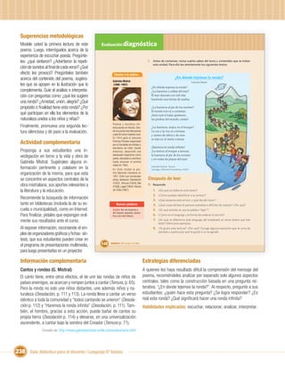 Sugerencias metodológicas
  Modele usted la primera lectura de este                Evaluación diagnóstica
  poema. Luego, interróguelos acerca de la
  experiencia de escuchar poesía. Pregúnte-
  les: ¿qué sintieron? ¿Advirtieron la repeti-                                                        I. Antes de comenzar, revisa cuánto sabes del tema y contenidos que se tratan
                                                                                                         esta unidad. Para ello lee atentamente los siguientes textos:
  ción de sonidos al ﬁnal de cada verso? ¿Qué
  efecto les provocó? Pregúnteles también                          Conoce a la autora...
  acerca del contenido del poema, sugiéra-                                                                                       ¿En dónde tejemos la ronda?
                                                                  Gabriela Mistral                                                                 Gabriela Mistral
  les que se apoyen en la ilustración que lo                      (1889 -1957)
                                                                                                        ¿En dónde tejemos la ronda?
  complementa. Guíe el análisis e interpreta-                                                           ¿La haremos a orillas del mar?
  ción con preguntas como: ¿qué les sugiere                                                             El mar danzará con mil olas
                                                                                                        haciendo una trenza de azahar.
  una ronda? ¿Amistad, unión, alegría? ¿Qué
  propósito o ﬁnalidad tiene esta ronda? ¿Por                                                           ¿La haremos al pie de los montes?
                                                                                                        El monte nos va a contestar.
  qué participan en ella los elementos de la                                                            ¡Será cual si todas quisiesen,
  naturaleza unidos a los niños y niñas?                                                                las piedras del mundo, cantar!
                                                                  Poetisa y escritora chi-
  Finalmente, promueva una segunda lec-                           lena,nacida en Vicuña. Des-           ¿La haremos, mejor, en el bosque?
  tura silenciosa y dé paso a la evaluación.                      de muy joven escribió poesía
                                                                  y ejerció como maestra rural.
                                                                                                        La voz y la voz va a trenzar,
                                                                                                        y cantos de niños y de aves
                                                                  En 1914 ganó el concurso              se irán en el viento a besar.
  Actividad complementaria                                        Premios Florales organizado
                                                                  por la Sociedad de artistas y
                                                                  escritores de Chile. Desde            ¡Haremos la ronda inﬁnita!
  Proponga a sus estudiantes una in-                              entonces, desarrolló una              ¡La iremos al bosque a trenzar,
  vestigación en torno a la vida y obra de                        destacada trayectoria como
                                                                  poeta, educadora y escritora
                                                                                                        la haremos al pie de los montes
                                                                                                        y en todas las playas del mar!
  Gabriela Mistral. Sugiérales alguna in-                         hasta alcanzar el premio
                                                                  nobel en 1945.
  formación pertinente y colabore en la                           En Chile recibió el pre-
                                                                                                        Gabriela Mistral. Ternura.
                                                                                                        Santiago: Editorial Universitaria, 2004.
  organización de la misma, para que esta                         mio Nacional Literatura en


                                                                              Unidad Después de leer
                                                                                     1
                                                                  1951. Entre sus numerosas
  se concentre en aspectos centrales de la                        obras, destacan: Desolación
                                                                  (1922), Ternura (1924),Tala
  obra mistraliana, sus aportes relevantes a                      (1938), Lagar (1954), Poema
                                                                                                      II. Responde:
  la literatura y la educación.                                   de Chile (1967).                       1.    ¿De qué se habla en este texto?
                                                                                                         2.    ¿Cómo puedes identiﬁcar a su emisor?
  Recomiende la búsqueda de información                                                                  3.    ¿Qué propone este emisor y qué decide hacer?
  tanto en bibliotecas (incluida la de su es-                         Nuevas palabras                    4.    ¿Qué cosas dichas te parecen extrañas o difíciles de realizar? ¿Por qué?
  cuela o municipalidad), como en Internet.                       Azahar: ﬂor del limonero y             5.    ¿En qué sentido se usa la palabra “tejer”?
                                                                  del naranjo; pequeña, aromá-
  Para ﬁnalizar, pídales que expongan oral-                       tica y de color blanco.                6.    ¿Cómo es el lenguaje y la forma de ordenar lo escrito?

  mente sus resultados ante el curso.                                                                    7.    ¿En qué se diferencia este lenguaje del empleado en otros textos que has
                                                                                                               leído? Menciona ejemplos.
  Al exponer información, recomiende el em-                                                              8. ¿Te gustó esta lectura? ¿Por qué? Escoge alguna expresión que te sirva de
                                                                                                               ejemplo y explica por qué te gustó o no te agradó.
  pleo de organizadores gráﬁcos y ﬁchas- sín-
  tesis, que sus estudiantes pueden crear en
  el programa de presentaciones multimedia,              142    Unidad 6: ¡Por la paz y la vida!


  para luego presentarlas en un proyector.

  Información complementaria                                                                       Estrategias diferenciadas
  Cantos y rondas (G. Mistral)                                                                     A quienes les haya resultado difícil la comprensión del mensaje del
  El canto tiene, entre otros efectos, el de unir las rondas de niños de                           poema, recomiéndeles analizar por separado solo algunos aspectos
  países enemigos, se acercan y rompen juntos a cantar (Ternura, p. 65).                           centrales, tales como la construcción basada en una pregunta rei-
  Pero la ronda no solo une niños distantes, une además niños y na-                                terativa: “¿En donde tejemos la ronda?”. Al respecto, pregunte a sus
  turaleza (Desolación, p. 111 y 113). La ronda lleva a cantar un verso                            estudiantes: ¿quién hace esta pregunta? ¿Se logra responder? ¿Es
  idéntico a toda la comunidad y “todos cantando se unieron” (Desola-                              real esta ronda? ¿Qué signiﬁcará hacer una ronda inﬁnita?
  ción p. 112) y “Haremos la ronda inﬁnita” (Desolación, p. 111). Tam-                             Habilidades implicadas: escuchar, relacionar, analizar, interpretar.
  bién, el hombre, gracias a esta acción, puede bañar de cantos su
  propia tierra (Desolación p. 114) y elevarse, en una universalización
  ascendente, a cantar bajo la sombra del Creador (Ternura p. 71).
                Tomado de: http://www.gabrielamistral.uchile.cl/estudiosframe.html




238 Guía didáctica para el docente / Lenguaje 6º básico
 