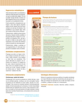 Sugerencias metodológicas
  Antes de la lectura invite a sus estudiantes a        Lectura central
  relacionar el título del poema y las ilustracio-
  nes que lo complementan (página 145) con
  el posible mensaje del texto. Converse con                         Conoce al autor...               Tiempo de lectura
  ellos indagando acerca de sus conocimien-                       Efraín Barquero (1931-...)
                                                                                                      En esta sección te invitamos a leer un texto que alude a uno de los oﬁcios artesa-
                                                                                                      nales más antiguos del mundo. En nuestro país es practicado, especialmente, por
  tos previos con la actividad del mimbre.                                                            artesanos de las regiones del centro y sur. Léelo atentamente, revisa las imágenes y
                                                                                                      desarrolla las actividades propuestas.
  Puede proponerles anticipadamente que
  traigan a esta clase algunos pequeños                                                               Antes de leer
  objetos de este material, para que tomen                                                            Observa atentamente la ilustración que acompaña la lectura y responde:
  contacto con este tipo de artesanía. Otra                                                           1.    ¿Qué trabajo realiza esta persona? ¿Sabes cómo se llama este oﬁcio?
                                                                  Es el seudónimo de Efraín           2.
  posibilidad es que proyecte algún video                         Barahona Jofré. Tomó el
                                                                                                            ¿Tienes o conoces objetos de mimbre? ¿Para qué se emplean comúnmente?
                                                                                                      3.    ¿Conoces lugares de Chile en que practique este oﬁcio?
  que muestre el oﬁcio de los mimbreros.                          nombre de “barquero” del re-
                                                                  cuerdo de sus vacaciones de         4.    ¿Ves alguna relación entre el mimbre y la poesía?
  Posteriormente, modele la primera lectura                       infancia cerca del río Maule
                                                                  en la ciudad de Constitución.
                                                                                                      5.    ¿Por qué crees que este texto relacionará ambas ocupaciones? Anticipa una
  del poema. Después de ella consúlteles si                       Nació en Piedra Blanca, Cu-
                                                                                                            posible respuesta y anótala en tu cuaderno.

  les gustó este poema, indague en su com-                        ricó, Chile. Estudió Derecho
                                                                  y Pedagogía en Castellano                                          Mimbre y poesía
  prensión con preguntas como: ¿de qué o                          en la Universidad de Chile.                                              Efraín Barquero
                                                                  Fue Jefe de Redacción de La
  de quién se habla en este poema? ¿Qué                           Gaceta de Chile y Agregado               Mimbrero, sentémonos aquí en la calle,
                                                                                                           y armemos con tus hilos blancos y con mis hilos azules
  importancia se da al oﬁcio del mimbrero?                        Cultural en Colombia (1970-
                                                                  1973). Viajó a China, Cuba,              los esenciales artefactos de uso diario:
  ¿Están de acuerdo con esta valorización?                        México. Se exilió en París               la paz, la mesa, la poesía, la cuna,
                                                                  (1975) donde vivió hasta                 el canasto para el pan, la voz para el amor. 1
  Posteriormente, invítelos a participar en                       1999.
                                                                  Desde entonces vive en                   Armemos juntos las cosas más esenciales y más simples,
  una segunda lectura. En esta vaya incor-                        Marsella, Francia. En 1958               más hermosas y útiles, más verdaderas y económicas,
  porando el vocabulario nuevo al contexto.                       recibió el primer premio del
                                                                  Concurso Gabriela Mistral y
                                                                                                           para que cualquiera que pase nos comprenda y nos lleve.
                                                                                                           Nos ame, y se pueda servir de nosotros. Nos necesite,
                                                                  en 1999 obtuvo el Premio                 y podamos alegrarlo sin ninguna condición. 2
  Actividades complementarias                                     Municipal de Literatura con el
                                                                  libro La mesa de la Tierra. En           Tú armarás el canasto que la lavandera
                                                                  agosto de 2008 fue galardo-
                                                                                                           necesita para sembrar la camisa más blanca,
  Proponga una visita a un lugar en don-                          nado con el Premio Nacional
                                                                                                           y yo armaré una canción con olor a jabón y a pureza
                                                                  de Literatura.
  de se trabaje la artesanía del mimbre o                                                                  para que ella junto al río halle más dulce su trabajo.
                                                                                                           Tú tejerás la maleta para que el minero regrese,
  invite a algún artesano a que explique                                                                   para que los novios se casen, para que el hijo pobre
  su oﬁcio ante sus estudiantes. Otra                                 Nuevas palabras                      vaya a la ciudad a conquistar un oﬁcio.
                                                                                                           Y yo tejeré con los hilos más férreos de mi poesía
  opción alternativa es preparar una en-                          Esenciales: básicos, funda-
                                                                                                           el descanso más digno, el amor más profundo, la esperanza
                                                                  mentales.
  trevista a un mimbrero. En cualquier de                         Artefactos: aparatos,
                                                                                                           más grande,
                                                                                                           para que el obrero mire conﬁado su casa,
  los casos, releve la importancia de este                        utensilios.
                                                                  Férreos: fuertes, resistentes.           y no parta el pan con recelo y a oscuras,
  oﬁcio como una actividad sencilla, y al                         Recelo: temor, desconﬁanza.              para que los recién casados puedan anidar todos los pájaros

  servicio de la vida. Presente al tejedor
  de mimbre como un “tejedor de vida y
                                                         144    Unidad 6: ¡Por la paz y la vida!
  esperanza”. Explique esta idea.


  Información complementaria                                                                       Estrategias diferenciadas
  Chimbarongo, capital del mimbre                                                                  Refuerce la experiencia de lecturas poéticas en aquellos estudiantes
  Chimbarongo es la cuna de la artesanía en mimbre del país. Junto                                 con mayor diﬁcultad en captar las características de este género. Pí-
  con la actividad agrícola, constituye una de la principales fuentes                              dales que subrayen las expresiones que se salen de la lógica normal
  económicas de los habitantes de esta ciudad, ubicada en la Sex-                                  y cotidiana, y colabore con ellos en su interpretación.
  ta Región. Esta comuna es conocida nacional e internacionalmente                                 Habilidades implicadas: escuchar, relacionar, analizar, comparar,
  debido a la fama alcanzada por la artesanía en mimbre desarrollada                               interpretar.
  familiarmente por habitantes de la comuna. Estas artesanías se exhi-
  ben y se venden en forma permanente en locales ubicados a ambos
  lados de la Carretera Panamericana, en las afueras de la comuna de
  Chimbarongo.
             Tomado de: http://www.biblioredes.cl/BiblioRed/Nosotros+en+Internet/
                                               juan+pablo+vega+morales/Mimbre



240 Guía didáctica para el docente / Lenguaje 6º básico
 