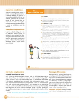 Sugerencias metodológicas
                                                                     Taller de
  Colabore con sus estudiantes durante el             comunicación oral
  proceso de ensayo. Dé oportunidad su-
  ﬁciente para probar el uso de la voz, el
                                                                                               Paso 7: El ensayo
  volumen, la gestualidad y el tiempo que
                                                                                               18. Practiquen los pasos anteriores. Evalúense mutuamente escuchando atenta-
  implica la declamación de los poemas;                                                            mente las recomendaciones de sus compañeros y compañeros.
  además de otros recursos como luz,                                                           19. Cuando hayan ﬁnalizado, reúnanse con otras dos parejas y presenten sus decla-
  ambientación musical o escenográﬁca.                                                             maciones en el grupo ampliado.

  Entregue observaciones que les ayuden                                                        Paso 8: Preparando el recital
  a superar las debilidades y realzar las                                                      20. Ayudados por su profesor o profesora, seleccionen por grupo un poema
                                                                                                   que sea de su agrado. También pueden incorporar a estas declamacio-
  fortalezas.                                                                                      nes los poemas creados por los propios grupos en el taller de escritura
                                                                                                   anterior.

  Actividades complementarias                                                                  21. Elijan en cada grupo a uno o dos declamadores que hayan logrado integrar a su
                                                                                                   expresión el dominio equilibrado de la voz y la gestualidad.
  Sugiérales ambientar el lugar, de modo                                                       22. Seleccionen también dentro del curso a quien asuma el rol de conductor o
  que se logre un “efecto acogedor” que                                                            conductora del recital. Es conveniente que este alumno o alumna, motive
                                                                                                   brevemente al público al inicio del recital, entregando alguna información
  contribuya a la concentración del públi-                                                         sobre la obra que se presentará (autor, título, temática, año de creación o
                                                                                                   publicación, etcétera).
  co. Algunos estudiantes pueden ocupar-
                                                                                               23. Para realizar su recital, busquen dentro de su escuela, el lugar más apropiado.
  se de esta tarea pegando fragmentos de                                                           Esto es, donde haya silencio y suﬁciente espacio para que el público esté senta-
  poemas en las paredes, fotos o dibujos                                                           do cómodamente y pueda escuchar bien.

  de autores, instalar o adecuar una luz                                                       24. Aseguren la escucha, y consigan algún micrófono que les ayude en este objetivo.
  suave, etcétera.                                                                             25. Finalmente, es recomendable “ambientar” el lugar escogido. Es decir, acondi-
                                                                                                   cionarlo para que produzca un efecto acogedor y ayude a la concentración del
                                                                                                   público en los poemas declamados. Por ejemplo, instalar una luz suave sobre el
                                                                                                   recitador y dejar la sala a oscuras o alumbrar solo con velas ubicadas en mesas
                                                                                                   en las que se ubica el público, incorporar música grabada o acompañarse de
                                                                                                   algún guitarrista u otro ejecutante musical, colocar poemas o versos en las pa-
                                                                                                   redes, fotos de poetas, etcétera.
                                                                                               26. Inviten a sus padres o familiares, profesores y profesoras, amigos u otros com-
                                                                                                   pañeros y compañeras de escuela a este recital.

                                                                                               Paso 9: ¡El día del recital!
                                                                                               27. Si es posible entreguen versiones escritas de los poemas que recitarán, déjenlas
                                                                                                   sobre las mesas o sillas en que se ubicará el público.
                                                                                               28. Dependiendo de la época en que hagan su recital, sirvan café, chocolate o algún
                                                                                                   refresco. ¡Será muy bien recibido por los asistentes!




                                                      160   Unidad 6: ¡Por la paz y la vida!




  Información complementaria                                                                                            Estrategias diferenciadas
  Preparar la memorización del poema                                                                                    Integre a todos los alumnos y alumnas al pro-
  Como preparación para la memorización, debemos hacer una lectura adecuada. En el caso                                 ceso de preparación del recital. Los estudiantes
  de los niños y niñas, es conveniente que el asesor lea la pieza en su mejor modo, y pedirle al                        que no participan directamente en la declama-
  aprendiz que haga lo propio, y no pasar al siguiente paso, que sería entender perfectamente                           ción pueden contribuir preparando invitaciones
  el signiﬁcado de cada palabra, frase y contexto de ideas (el diccionario es básico), si antes                         que estimulen en el público el gusto por la poe-
  no se comprende perfectamente lo que el poeta plasmó en su pieza. Un detalle importante,                              sía: pueden crear tarjetas con fragmentos de
  pocas veces respetado por los inexpertos, resulta el hecho de que se dice que ya se aprendió                          los poemas que se leerán o versos alusivos que
  el poema, cuando no se ha dicho con el recurso mímico; recordemos que el cerebro debe                                 otorguen belleza al mensaje y creen expectati-
  captar la expresión del discurso poético en su totalidad, no solo al “recitarlo”, sino al decirlo                     vas de un buen espectáculo poético.
  con todos los recursos, aunque no se haya conseguido hasta este punto dominar la emotividad                           Habilidades implicadas: escuchar, modelar,
  completa.                                                                                                             memorizar, comunicar y expresar emociones.
    Tomado de: http://www.itesca.edu.mx/publicaciones/brunopablos/libros/D_02_basesparaeldeclamador.pdf



256 Guía didáctica para el docente / Lenguaje 6º básico
 