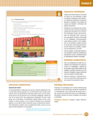 Unidad 6

                                                                                                                                                               Sugerencias metodológicas
                                                                                                                                                      6
                                                                                                                                                      Unidad


                                                                                                                                                               Después del recital organice una puesta
                                                                                                                                                               en común con sus estudiantes y evalúe
                                                                                                                                                               con ellos los resultados de esta experien-
    Paso 10: Después del recital
                                                                                                                                                               cia. Pídales que identiﬁquen los aspectos
    29. Junto con su profesor o profesora, reúnanse en una puesta en común con su
         curso y evalúen la experiencia vivida:                                                                                                                logrados y no logrados, y que analicen las
         •   ¿Qué aprendieron?                                                                                                                                 causas que impidieron o diﬁcultaron los
         •   ¿Qué aspectos no pudieron realizarse como esperaban?                                                                                              objetivos propuestos.
         •   ¿Qué otros resultaron improvisados y novedosos?
         •   ¿Hubo la asistencia esperada? ¿Cómo creen que los recibió el público?                                                                             Deténgase en la experiencia de la decla-
         •   ¿A qué causa atribuyen esto?                                                                                                                      mación como tal y comente con ellos qué
         •   ¿Repetirían esta experiencia? ¿Por qué?
         •   Anoten las conclusiones en su cuaderno.
                                                                                                                                                               aprendizajes del ámbito de la comunica-
    30. Una vez ﬁnalizada la experiencia, completen individualmente la siguiente pauta                                                                         ción oral pueden rescatar, guíe el comen-
         de autoevaluación.                                                                                                                                    tario con preguntas como: ¿crees que
                                                                                                                                                               esta experiencia contribuyó al desarrollo
                                                                                                                                                               de tus habilidades comunicacionales?
                                                                                                                                                               ¿Qué lograste aprender? ¿Qué habilida-
                                                                                                                                                               des de comunicación pudiste descubrir
                                                                                                                                                               en tu persona? ¿Qué sensaciones resca-
                                                                                                                                                               tas del contacto con el público? ¿Repeti-
                                                                                                                                                               rías esta experiencia? ¿Por qué?
                                                                                                                                                               Cierre la reﬂexión y comentarios invitando a
                                                                                                                                                               sus estudiantes a anotar las conclusiones de
                                                                                                                                                               esta puesta en común y a responder la pauta
                                                                                                                                                               de autoevaluación incluída en esta página.

         Autoevaluación                        revisa tu aprendizaje completando la siguiente pauta:
                                                                                                                                                               Actividades complementarias
                                                                                                                      Niveles de logros
                                          Después de participar en este taller, yo:                              Sí No       Puedo mejorar                     Pida a sus estudiantes que anoten las con-
     1 Comprendí la diferencia entre recitar y declamar.                                                                                                       clusiones más importantes de la puesta en
     2 Aprendí a conectarme con el mensaje y el hablante lírico del poema declamado.                                                                           común en un papelógrafo o cartulina que
     3 Practiqué los ejercicios vocales para ayudar a mejorar y potenciar mi voz.                                                                              las destaque y haga visibles; pídales que las
     4 Aprendí a declamar respirando en los momentos adecuados.                                                                                                publiquen en el diario mural del curso o en la
     5 Supe emplear el volumen de mi voz para permitir que el público escuchara claramente el poema declamado.
                                                                                                                                                               sala junto a fotografías o algunos elementos
     6 Aprendí a incorporar gestos y movimientos para complementar el mensaje poético.
                                                                                                                                                               que les recuerden el momento vivido.
     7 Aprendí a declamar manteniendo una postura corporal acorde a la presentación oral.
                                                                                                                                                               Revise la redacción y ortografía del es-
                                                                                                                                                               crito. Si es pertinente, haga sugerencias
                                                                                                                   Unidad 6: ¡Por la paz y la vida!   161
                                                                                                                                                               que mejoren la presentación visual.


Información complementaria                                                                                                                Estrategias diferenciadas
Duración del recital                                                                                                                      Proponga a los estudiantes que no hayan obtenido logros
Un recital agradable no debe pasar de una hora; estamos hablando de más                                                                   suﬁcientes en esta actividad que recojan los resultados de
o menos doce a quince poemas, con un intermedio de cinco minutos como                                                                     su autoevaluación y las conclusiones del grupo curso, y
máximo; hacer una presentación más larga podría cansar a los escuchas,                                                                    que, a partir de la identiﬁcación clara de sus debilidades o
acaso solo en aras de presumir de una memoria privilegiada, además de                                                                     diﬁcultades, planteen las tareas remediales más eﬁcaces
que “de lo bueno poco”. Hay exposiciones intermedias, de seis a doce                                                                      y apropiadas.
piezas con un intermedio, o los llamados recitales breves, de tres o seis                                                                 Habilidades implicadas: compartir, analizar identiﬁcar,
poesías. En otras ocasiones, si en un evento se declama una o dos piezas                                                                  evaluar.
poéticas, sin ser ello el motivo central del suceso, lo llamaremos interven-
ción declamatoria o poética, pero no propiamente recital, ya que no es una
sesión artística dedicada a un solo género.
                                                     Tomado de: http://www.itesca.edu.mx/publicaciones/
                                                    brunopablos/libros/D_02_basesparaeldeclamador.pdf


                                                                                                                                     Guía didáctica para el docente / Lenguaje 6º básico                 257
 